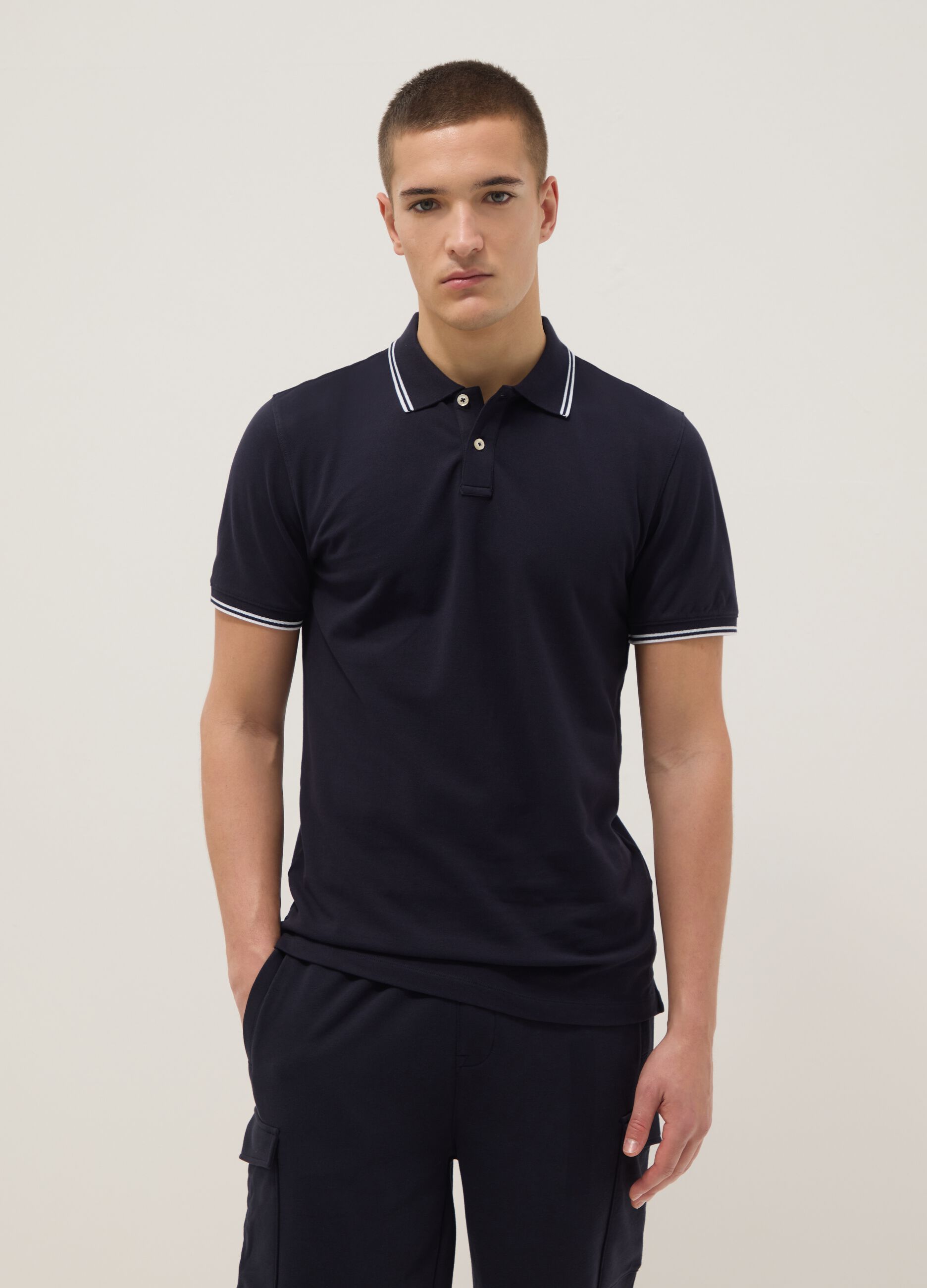 Blue stretch cotton polo shirt, regular fit