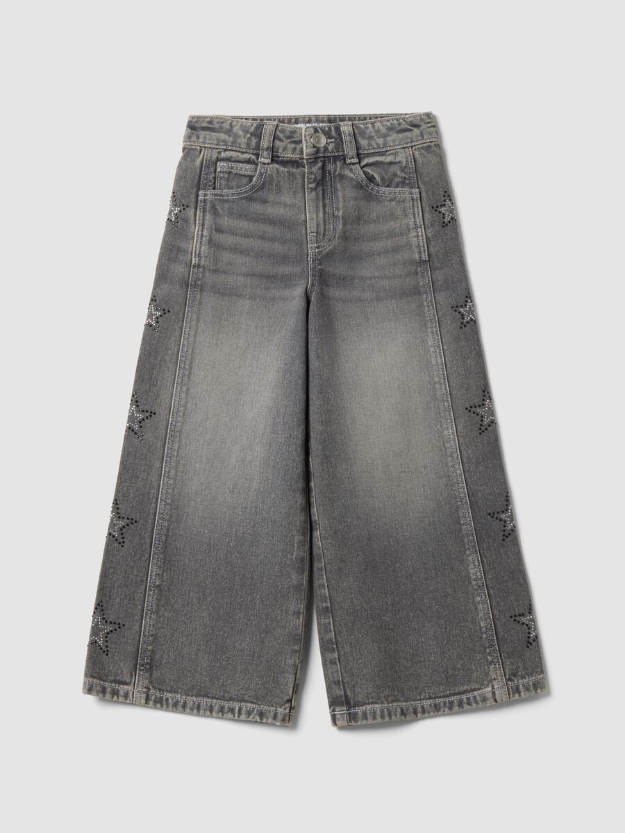 Jeans cinzentos wide leg em algod&atilde;o puro com estrelas para menina_0