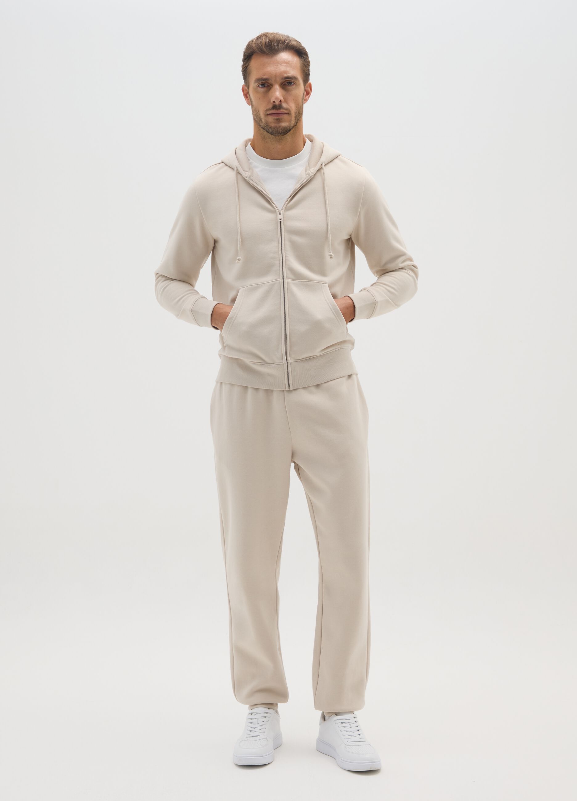 Beige cotton blend trousers regular fit