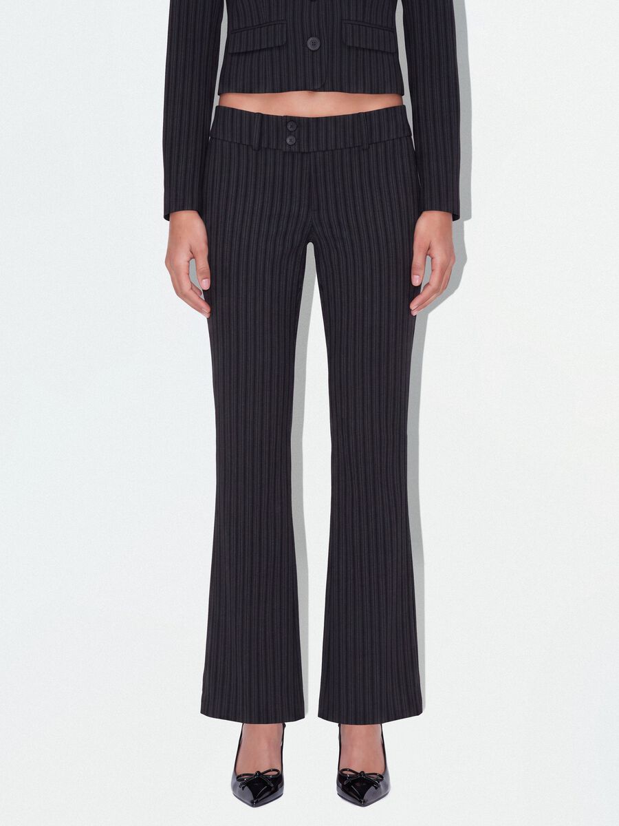 Black flared stretch viscose pinstripe trousers_1