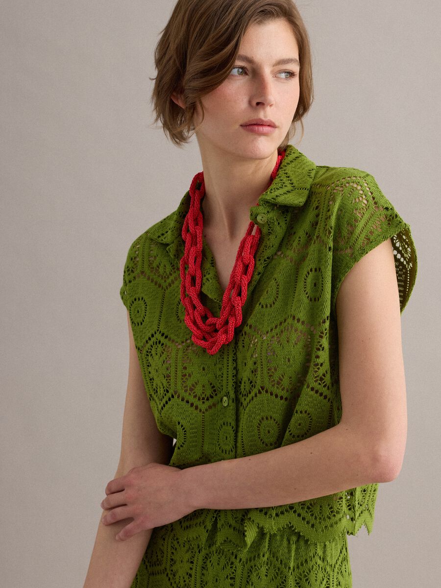 Green crochet polo shirt with classic collar, regular fit_0