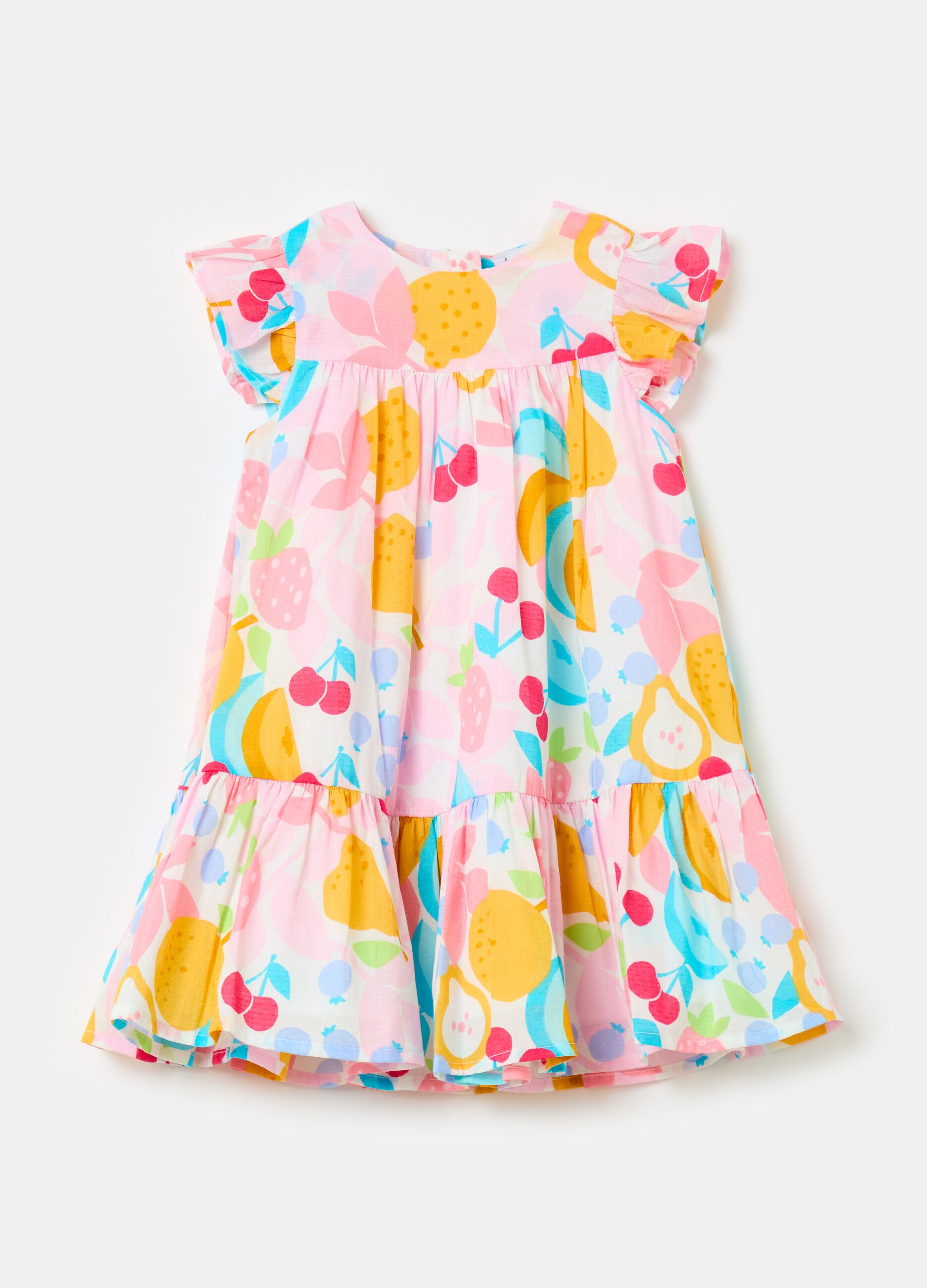 Dress with flounce and fruit print