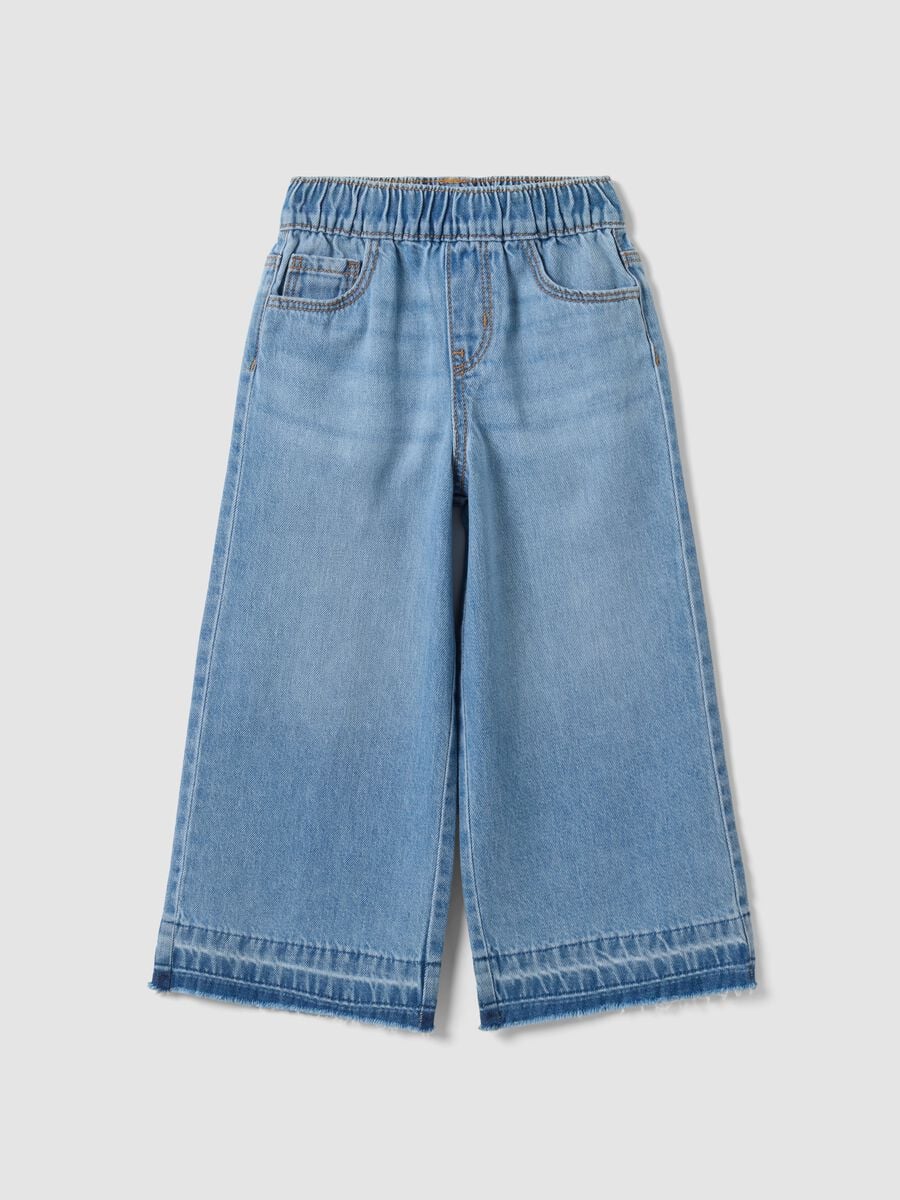 Light Blue Wide-Leg 100% Cotton Jeans with Elasticated Waistband for Girls_0
