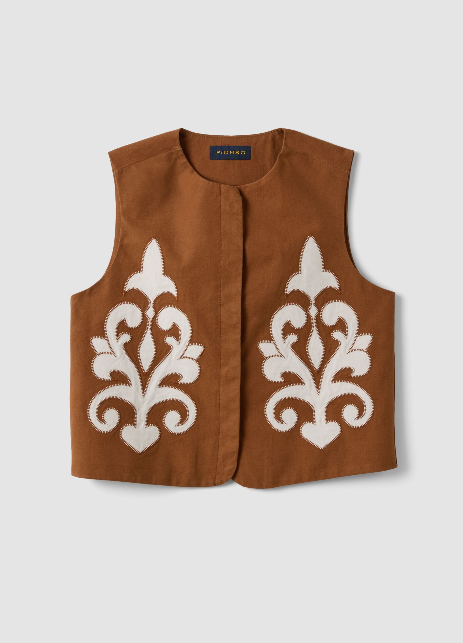Brown linen and lyocell-blend gilet with applied embroidery