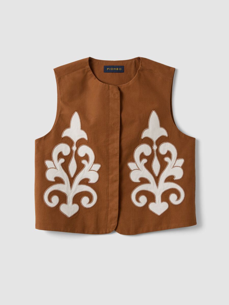 Brown linen and lyocell-blend gilet with applied embroidery_0