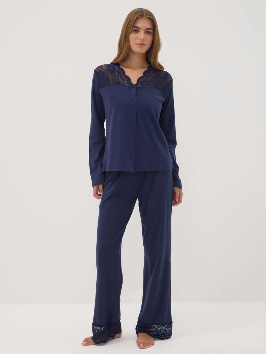 Blue V-neck pyjama top in stretchy cotton, lyocell and wool_0