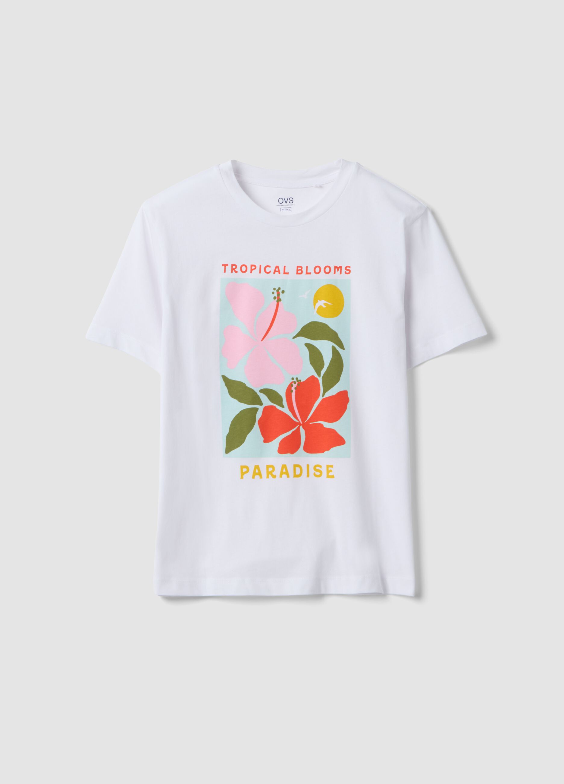White pure cotton T-shirt with floral print, regular fit