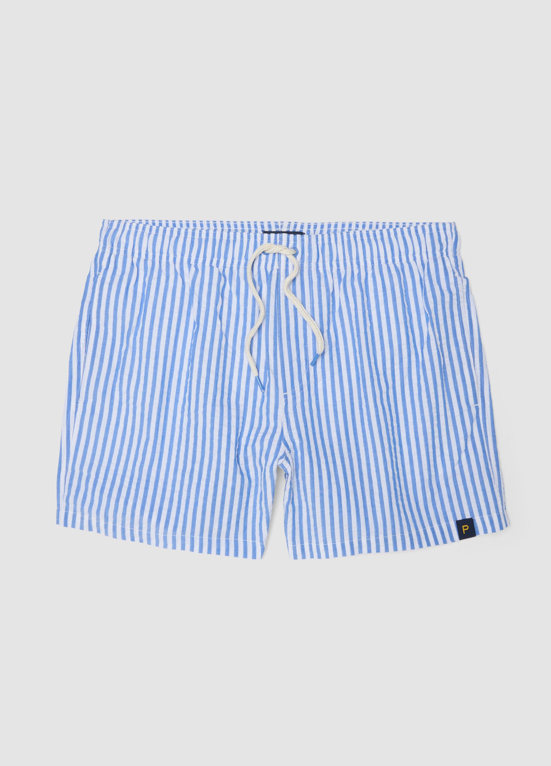 Blue and white striped pure cotton swim shorts