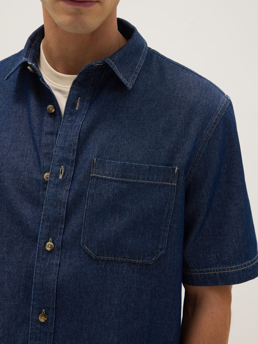 Blue denim pure cotton regular fit shirt with chest pocket_3