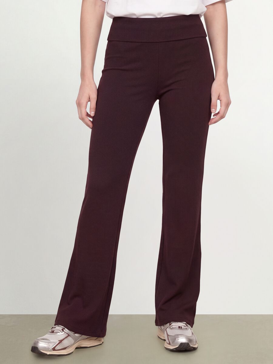 Brown ribbed pure cotton flared leggings_1
