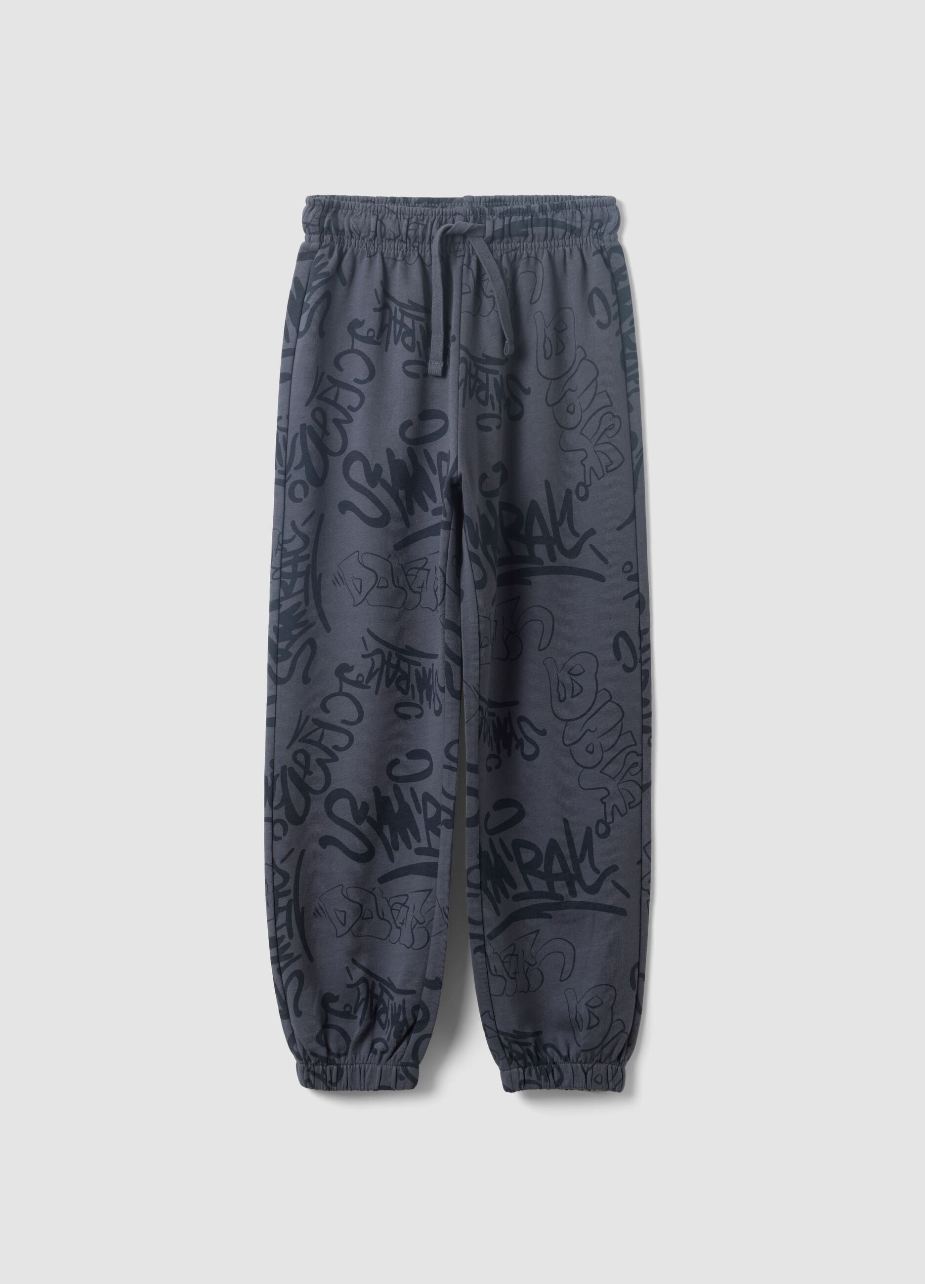 Grey oversized cotton jogger trousers with all-over print for boys