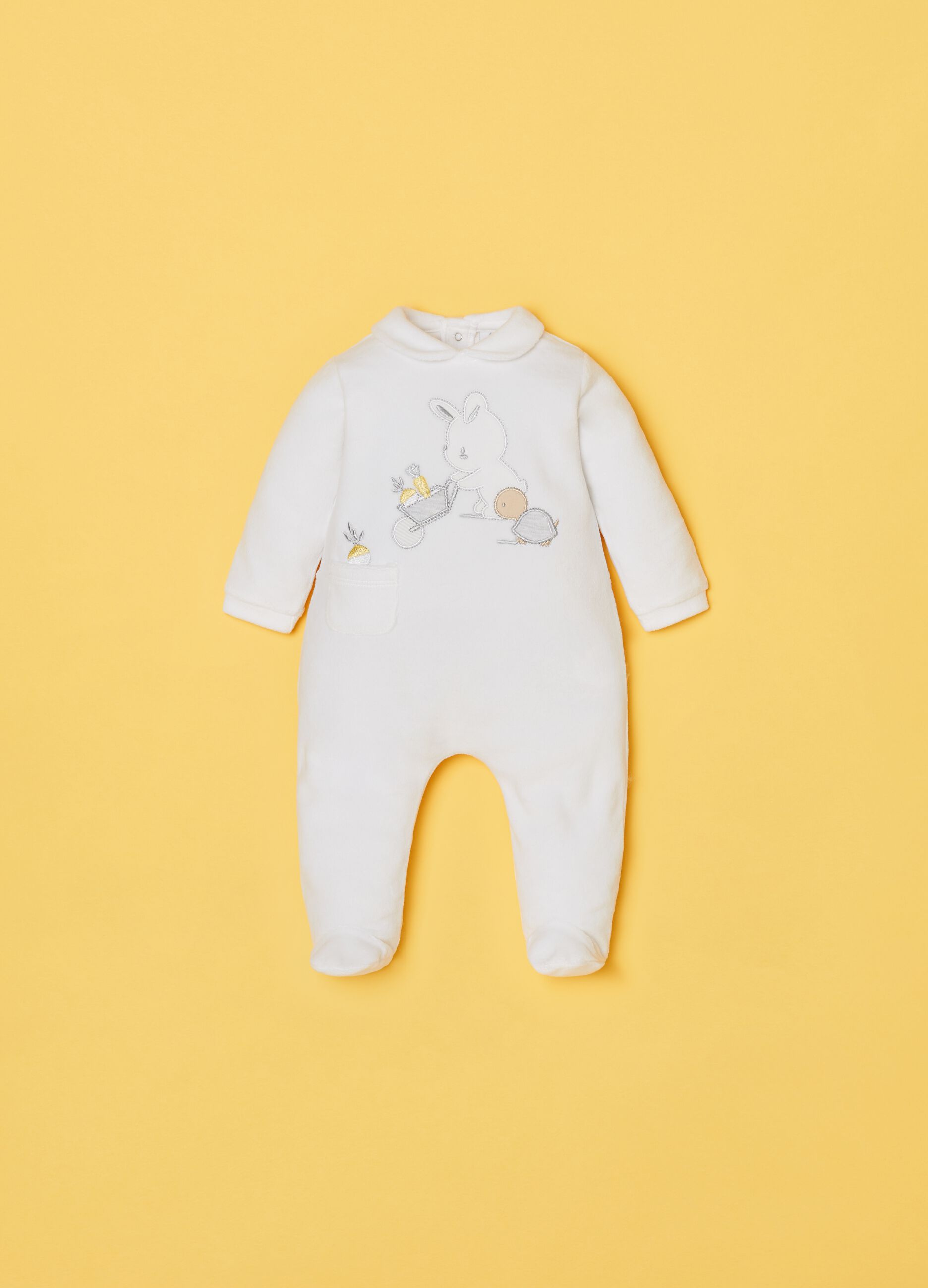 Velvet onesie with feet and embroidery