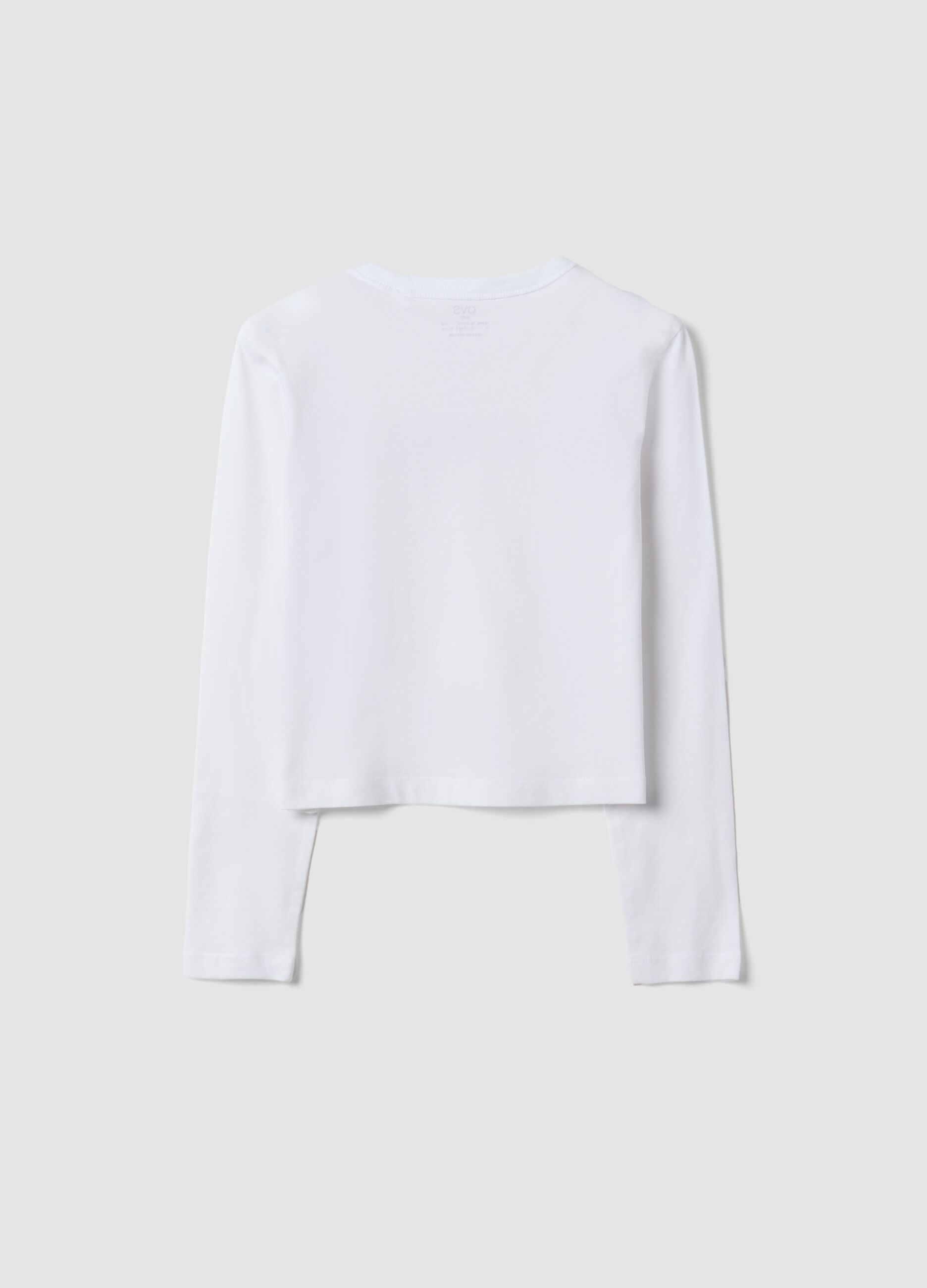 White organic cotton cropped T-shirt with ribbed neckline for girls