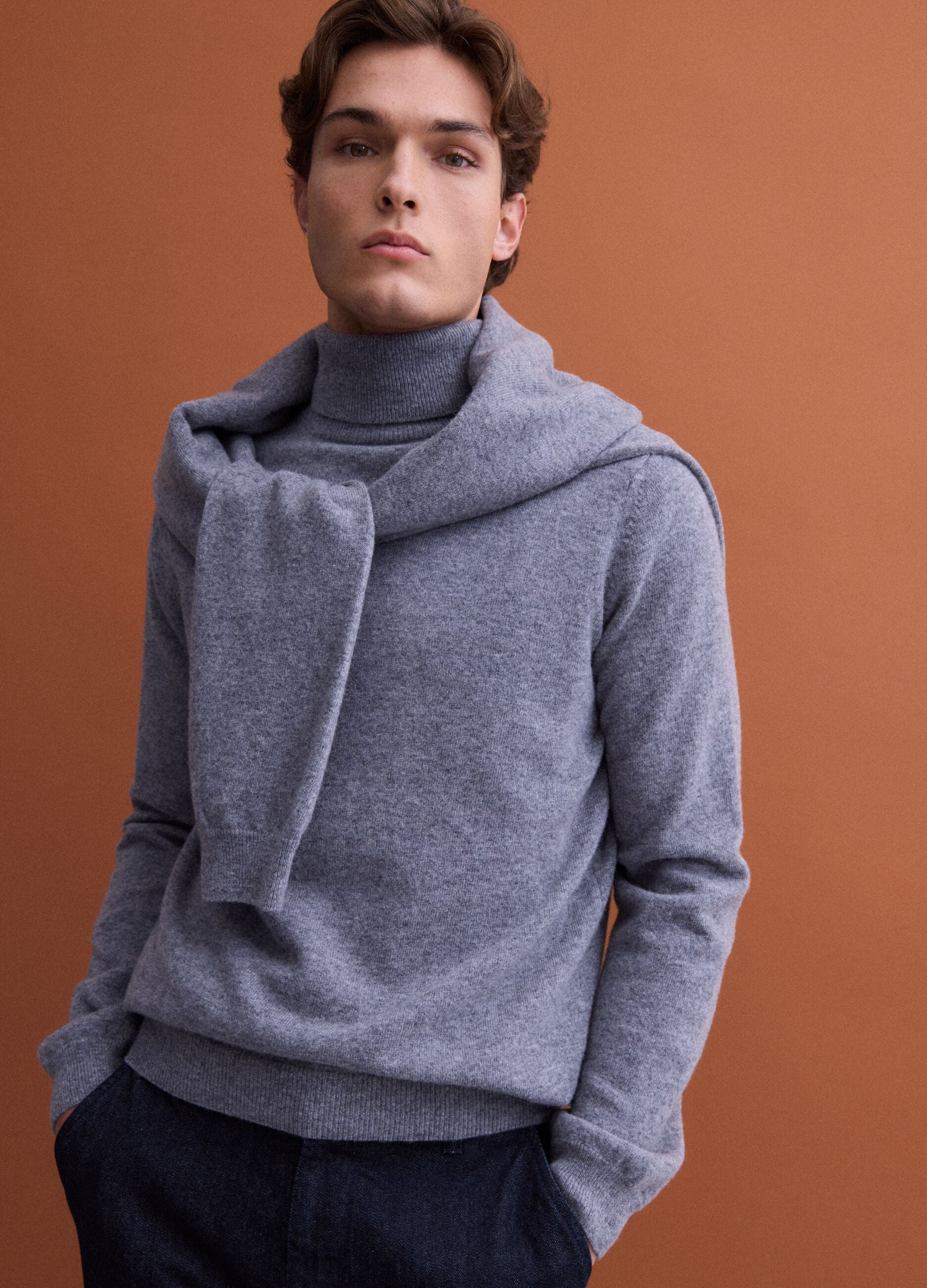 Grey marl pure wool roll-neck jumper, regular fit