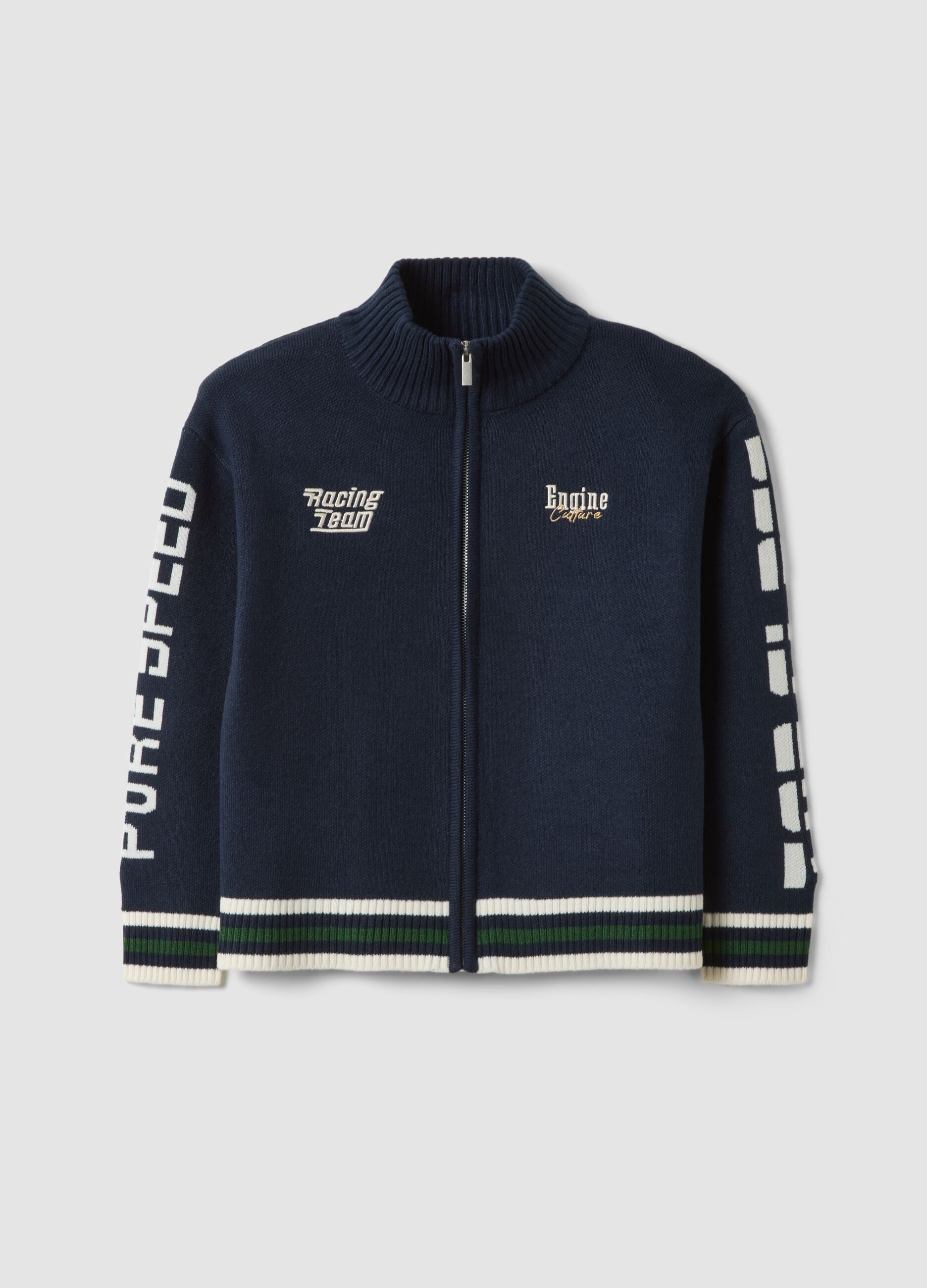 Cardigan blu con zip e ricami racing