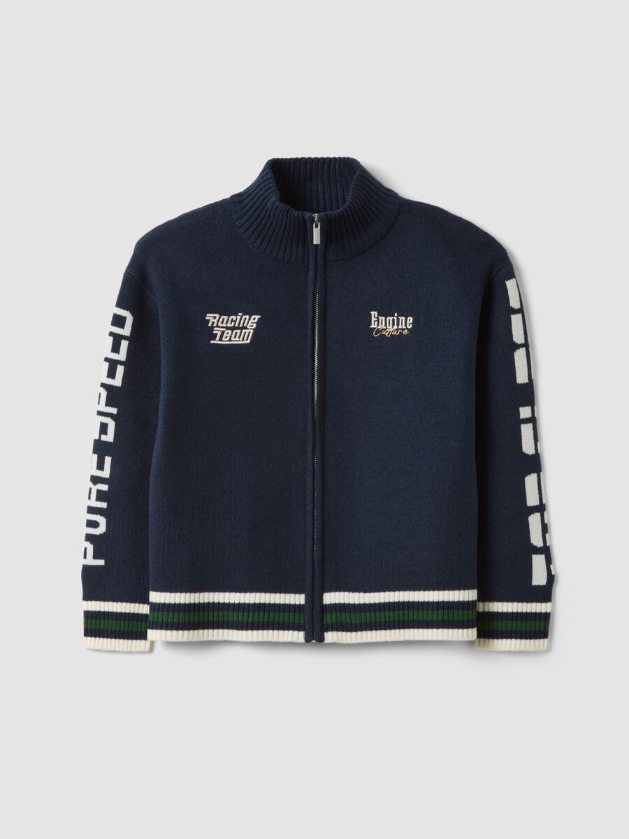 Cardigan blu con zip e ricami racing_0