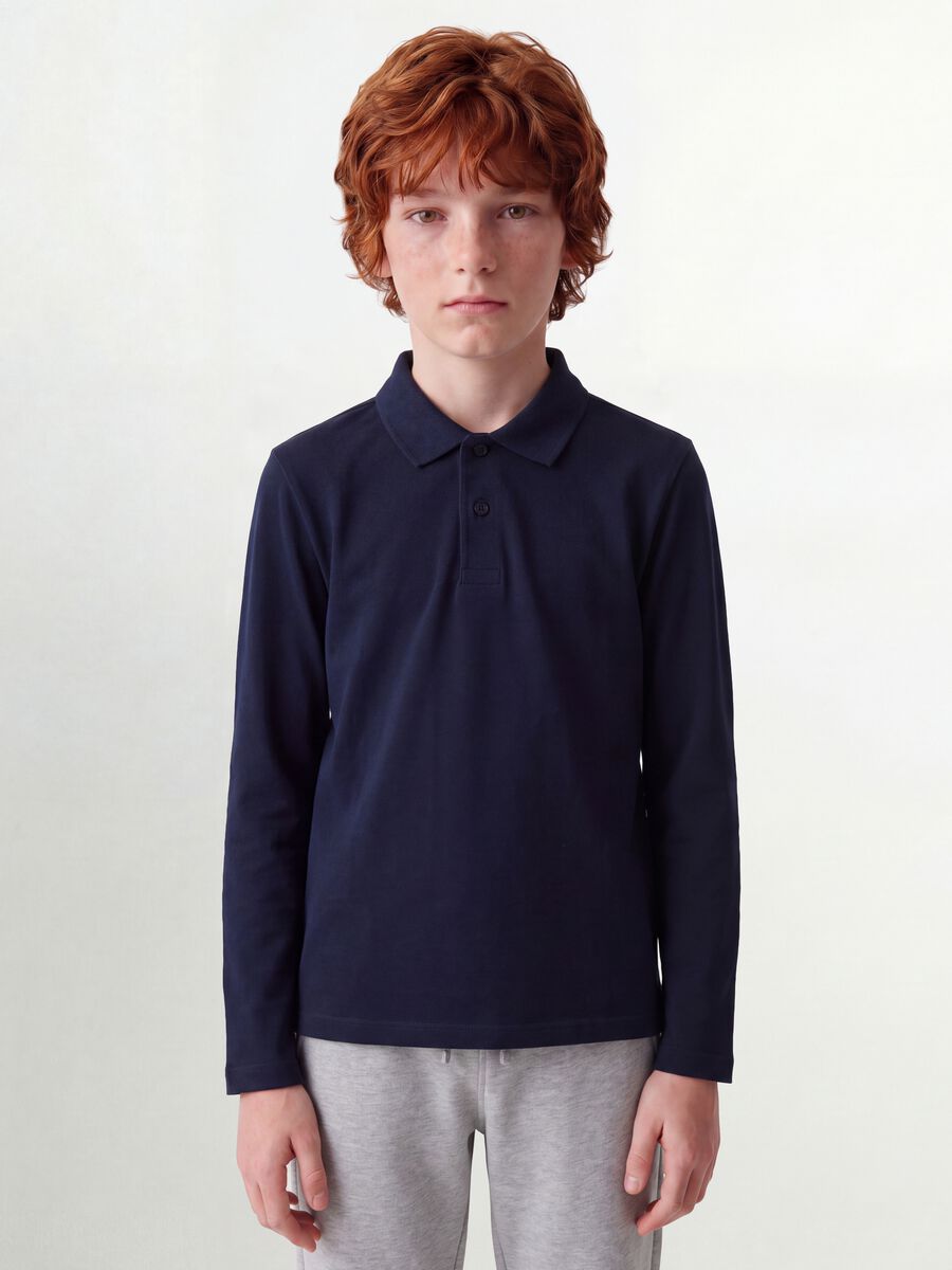 Blue piqu&eacute; polo shirt in pure organic cotton, regular fit, for boys_0
