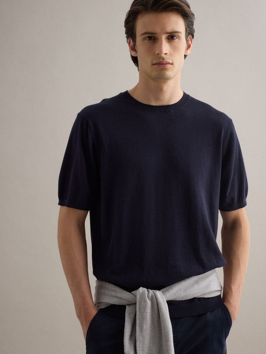 Short-sleeve T-shirt in blue cotton, linen and silk blend regular fit_0