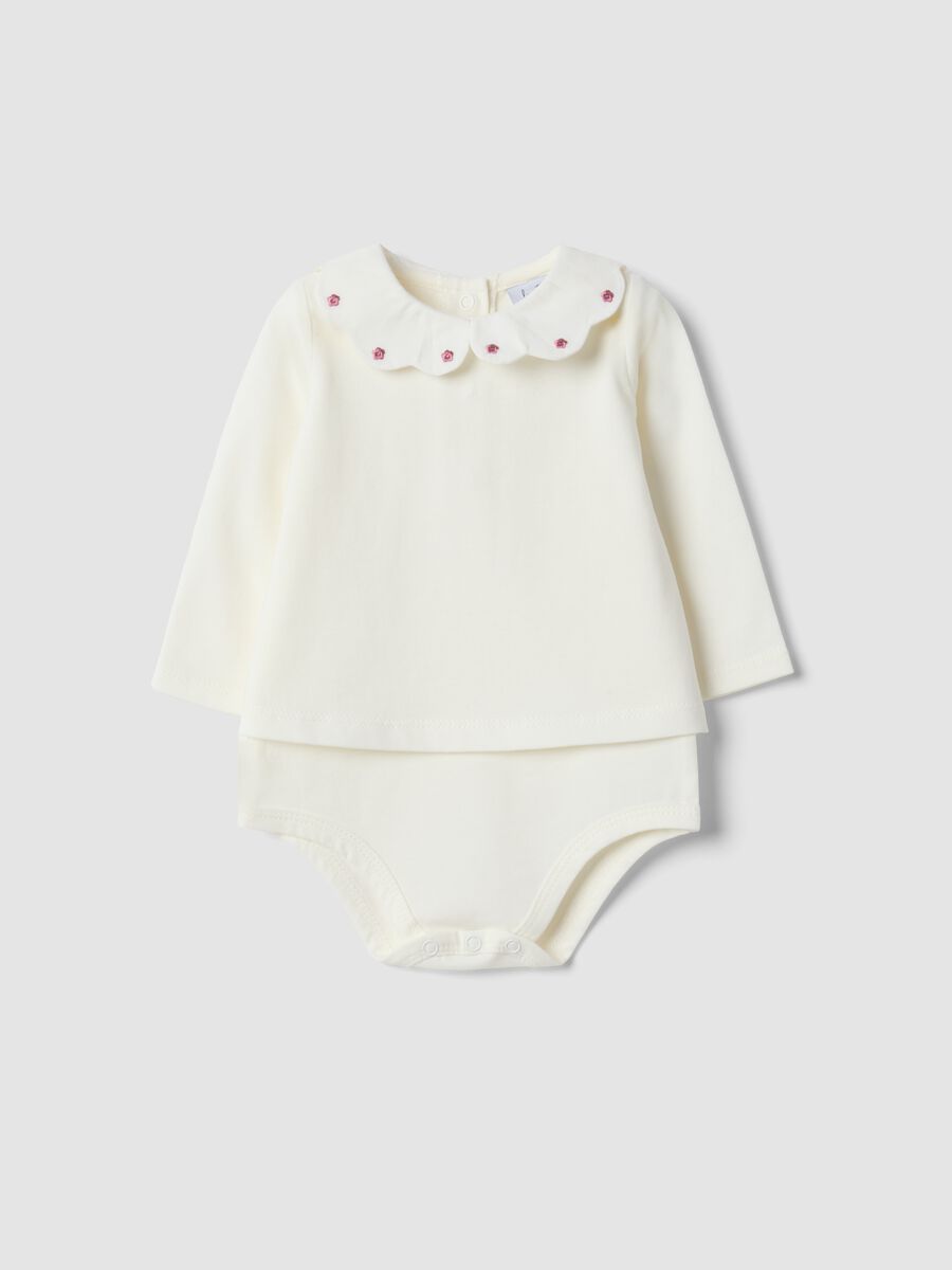 White pure organic cotton bodysuit with collar_0