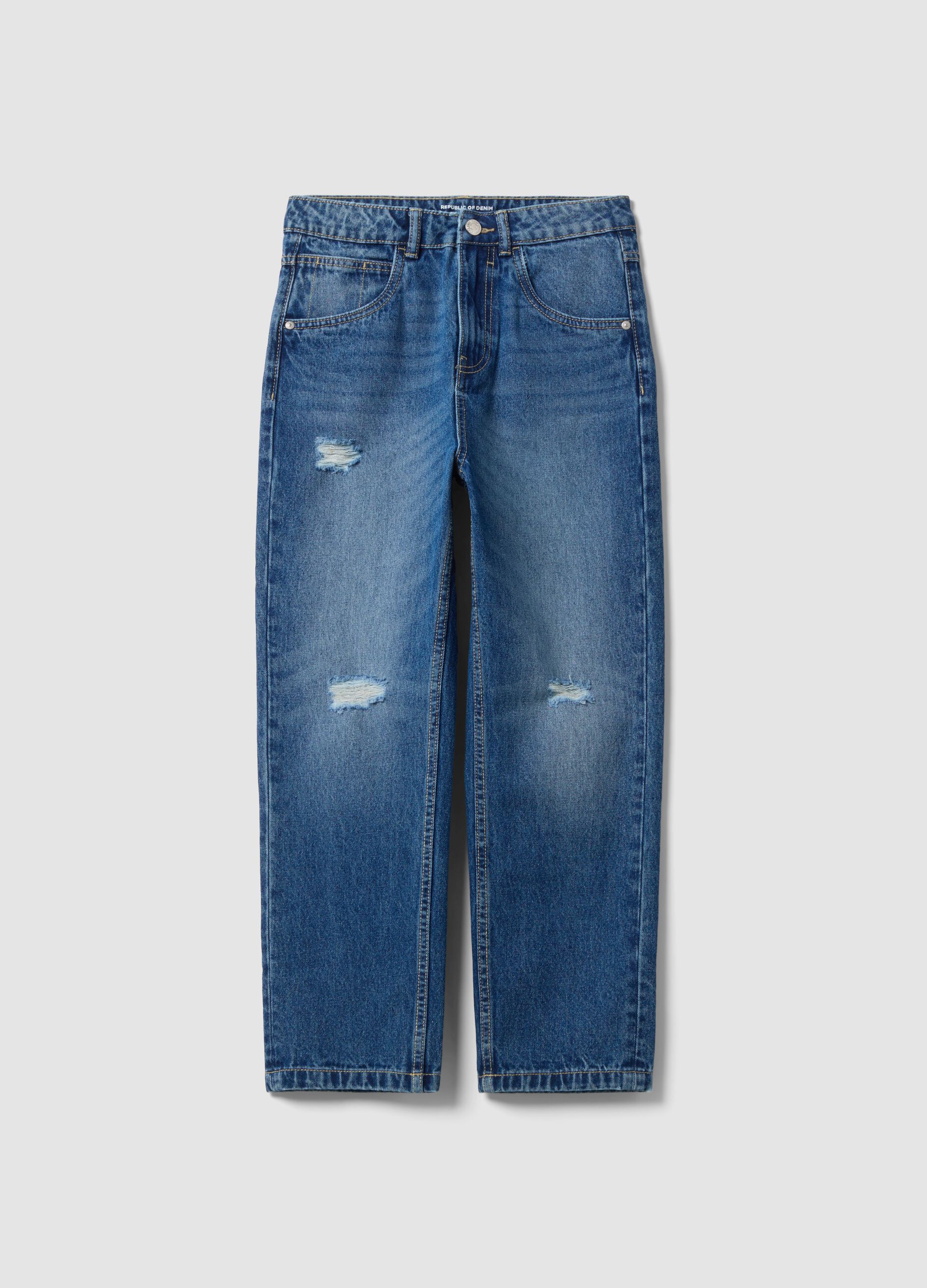 Jeans blu baggy in puro cotone con strappi per ragazzo