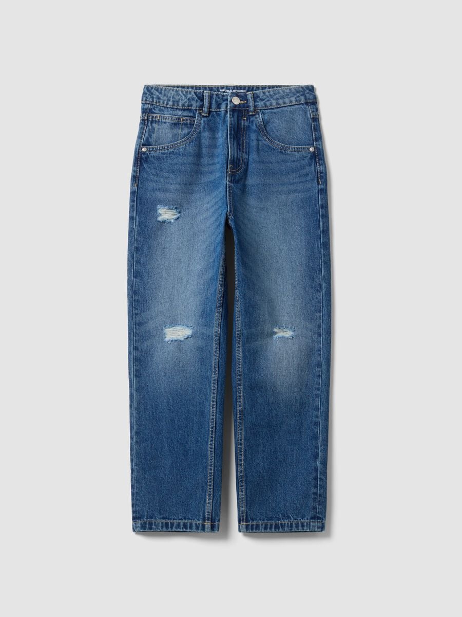 Jeans blu baggy in puro cotone con strappi per ragazzo_0