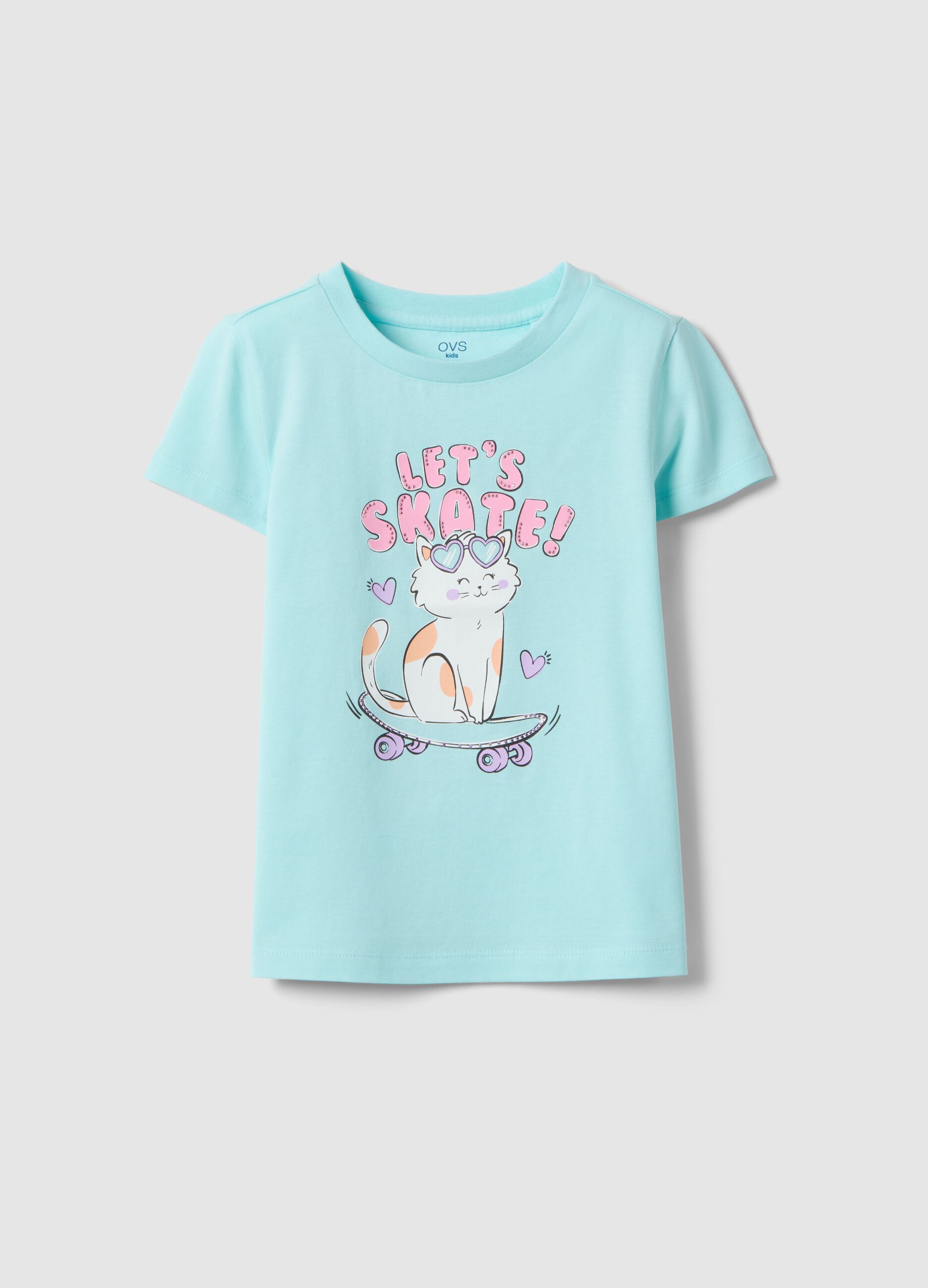 T-shirt azul para menina em puro algod&atilde;o, ajuste regular com estampado