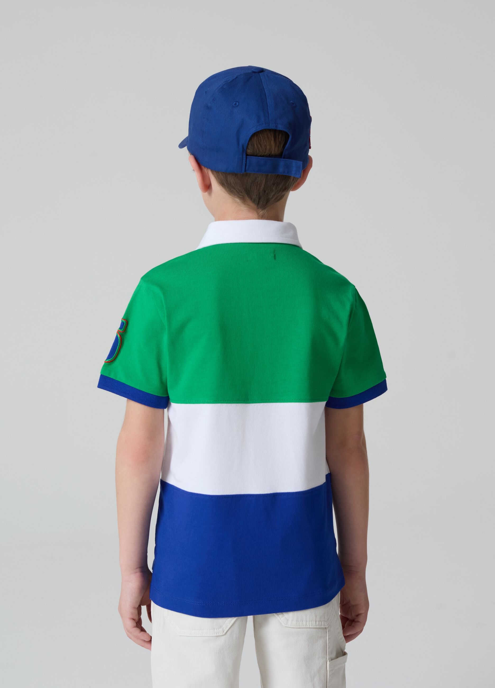 Colourblock polo shirt with patch and print
