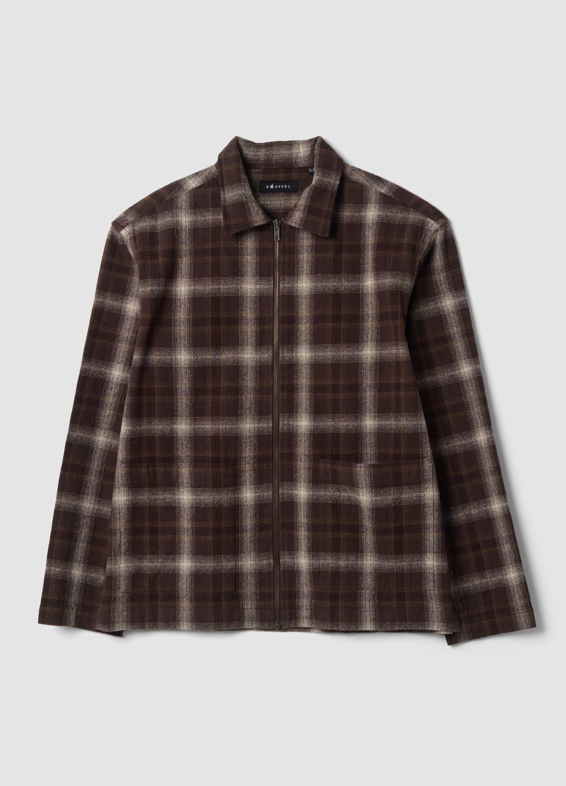 Brown cropped pure-cotton checked shirt with zip, oversized fit