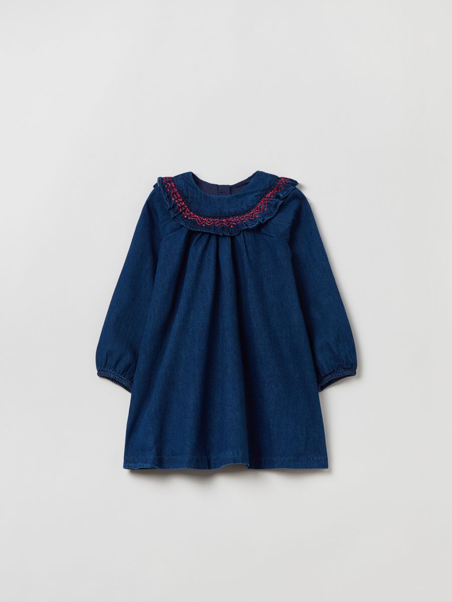 Denim dress with embroidery and flounce_0