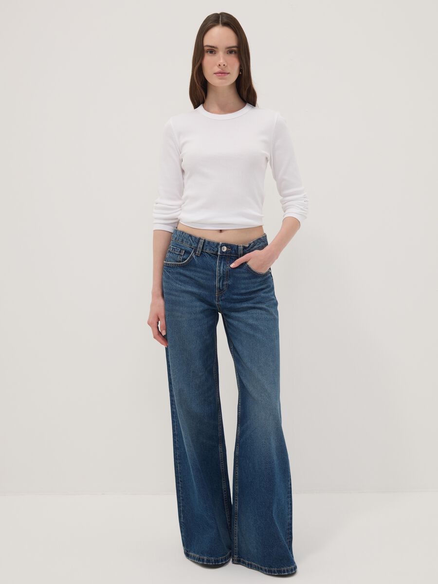 Blue pure cotton low-rise wide-leg jeans_0