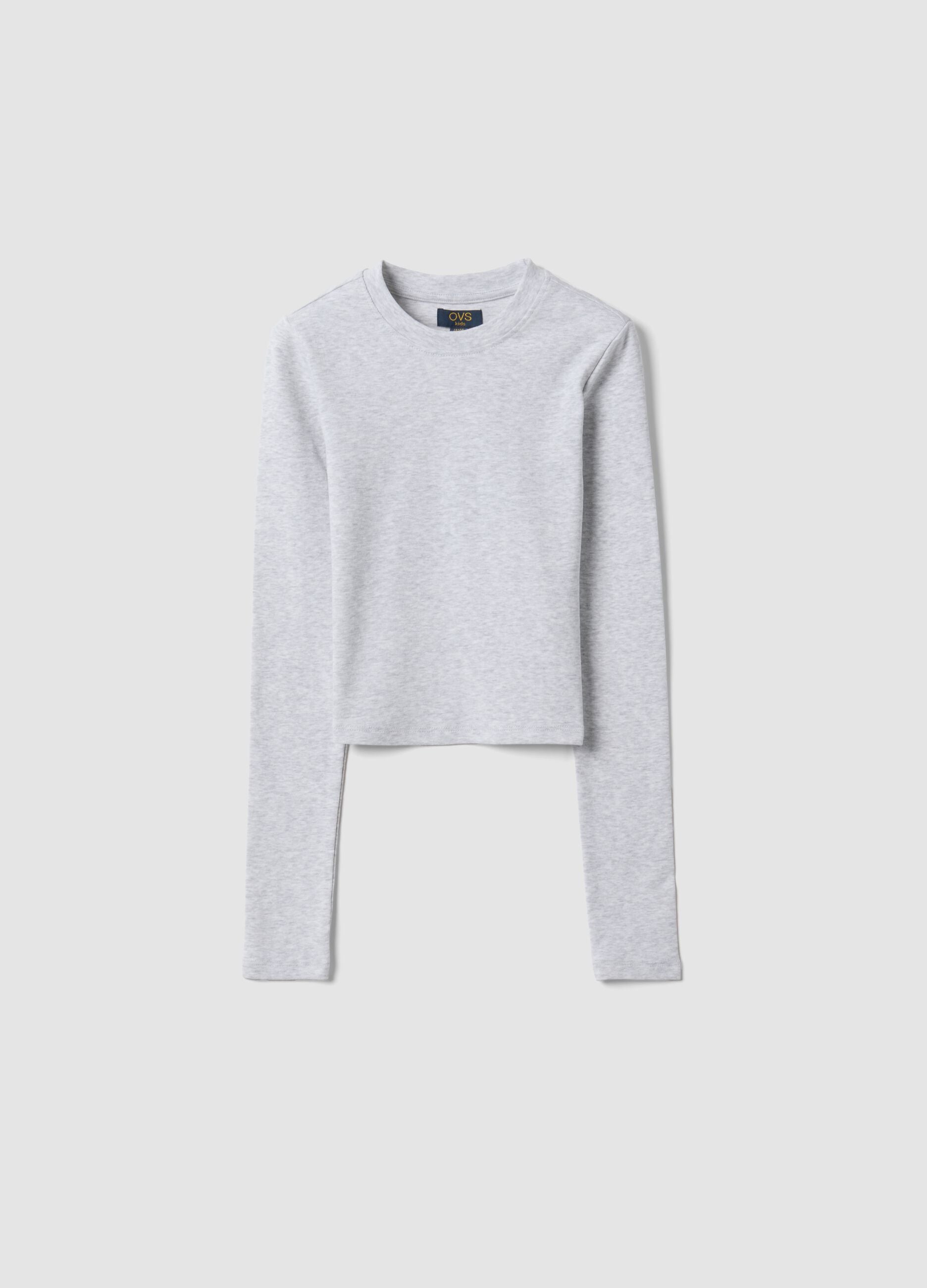 Girls&rsquo; grey organic stretch cotton T-shirt with ribbed neckline