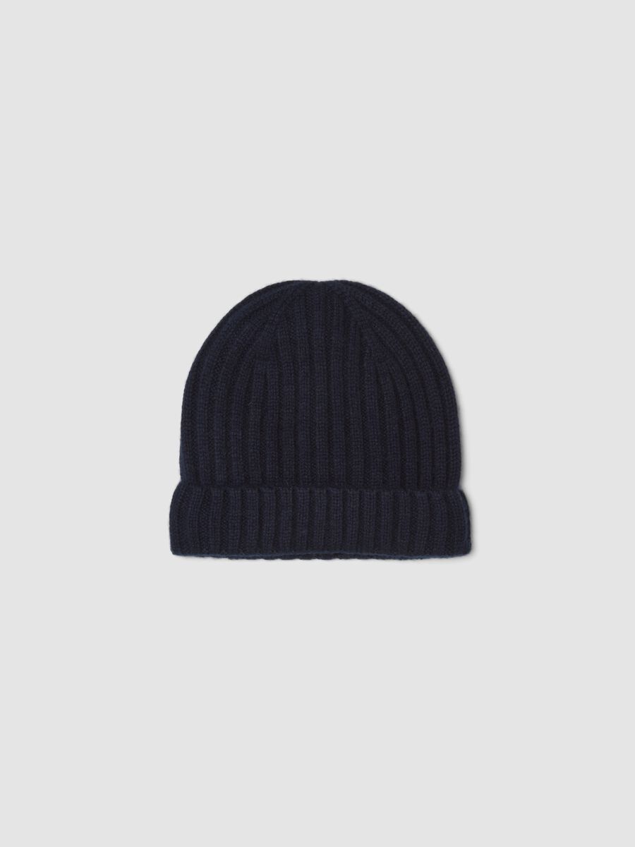 Berretto blu navy in puro cashmere a coste_0