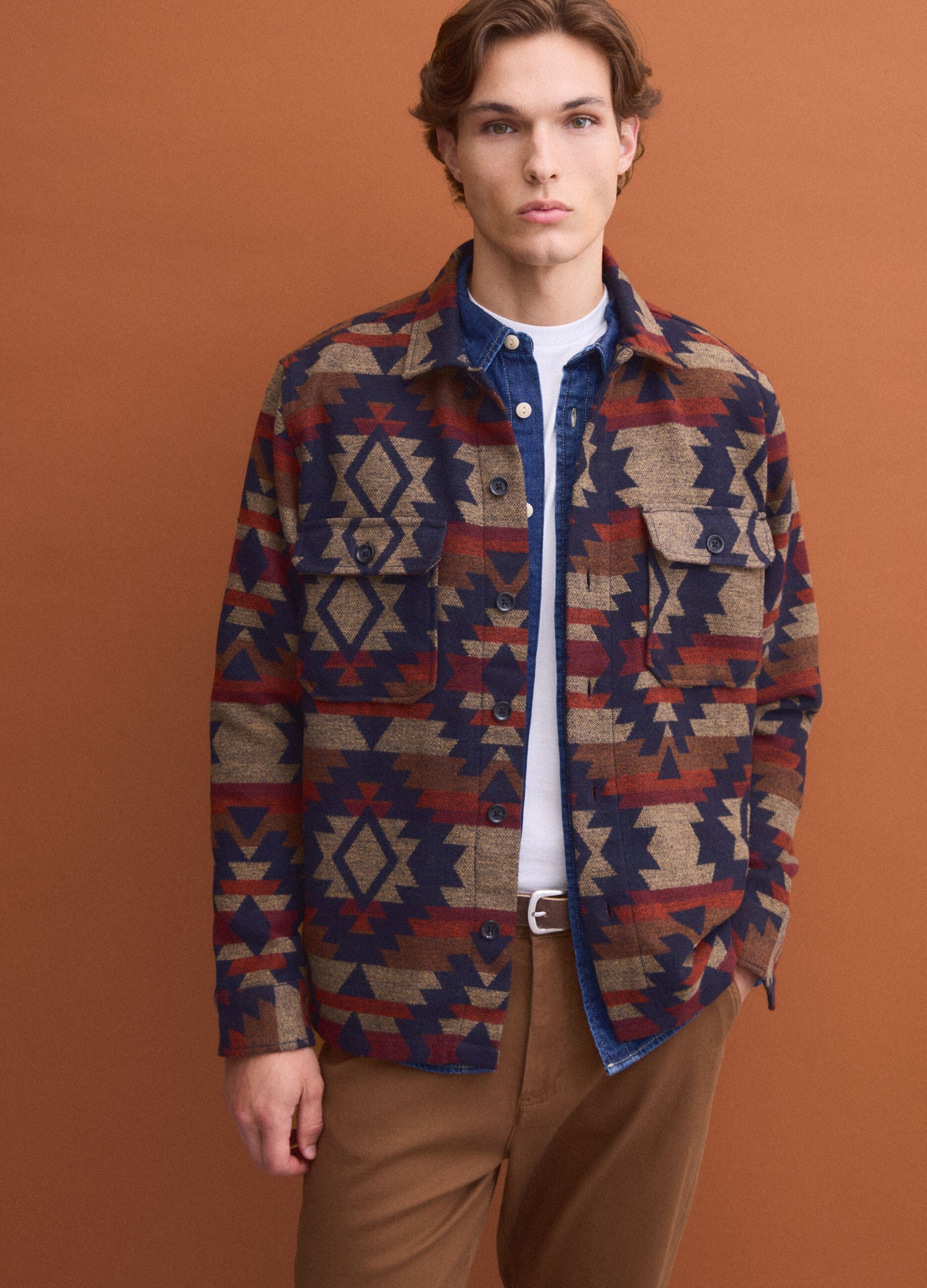Multicolour geometric-print bowling-collar shacket, oversized fit