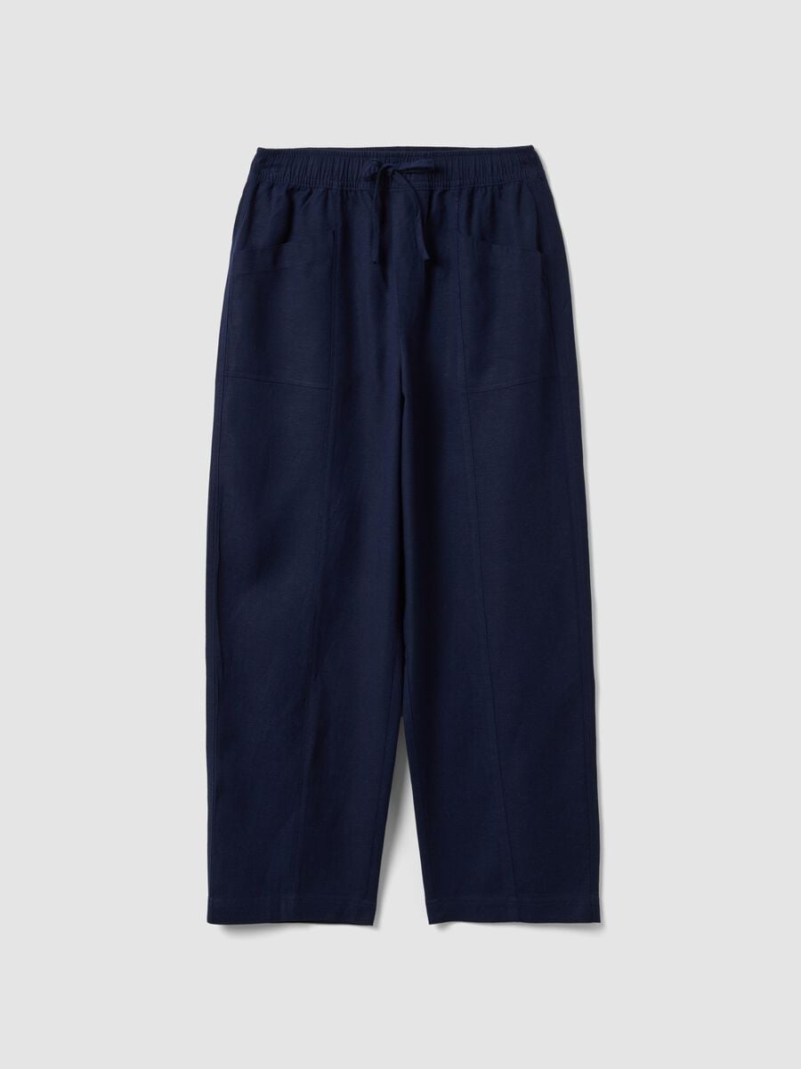 Blue viscose and linen blend straight-leg trousers with drawstring_4