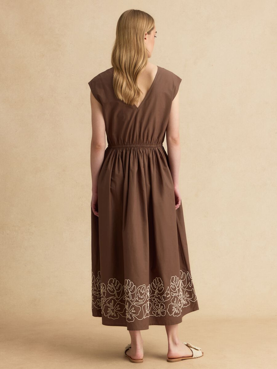 Brown pure cotton regular-fit dress with embroidery and V-neck_3