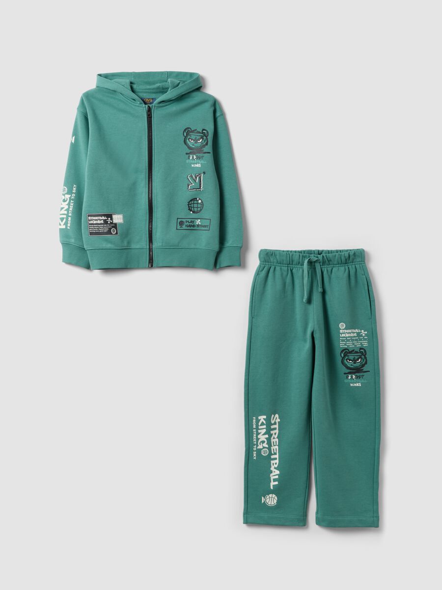 Tuta jogging verde in misto cotone con felpa con cappuccio per bambino_0