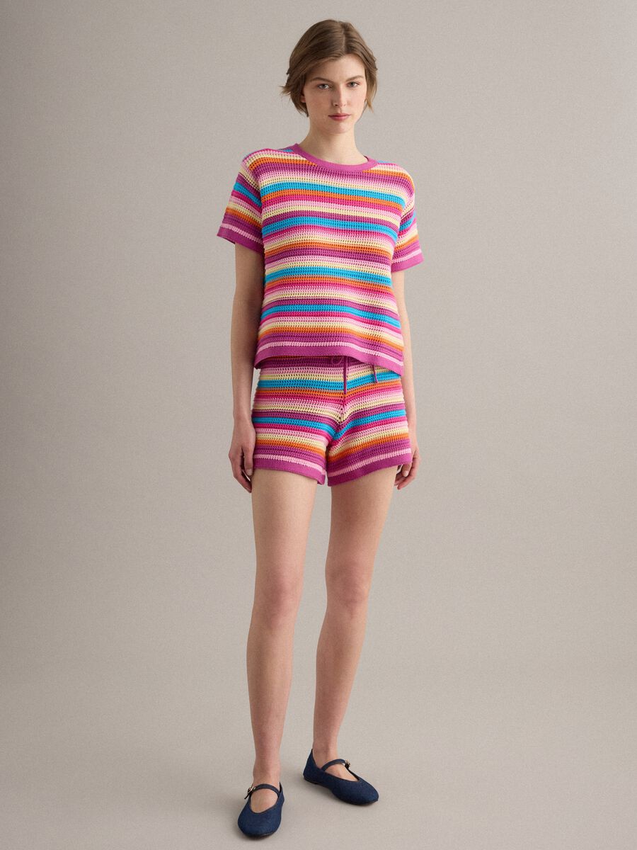 Multicolour striped pure cotton crochet shorts_0