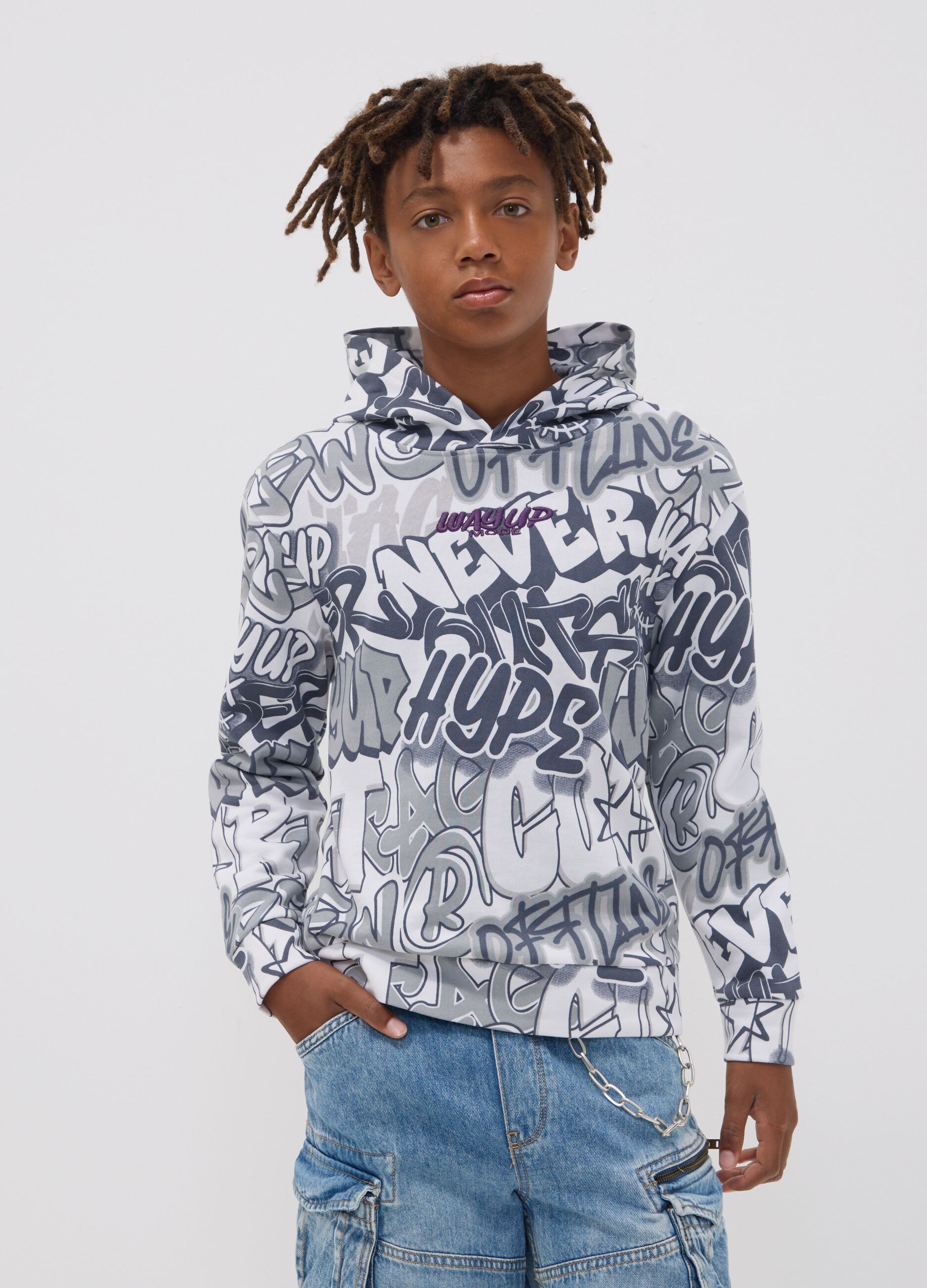 Sweatshirt branca com capuz em mistura de algod&atilde;o com estampado graffiti all over para rapaz