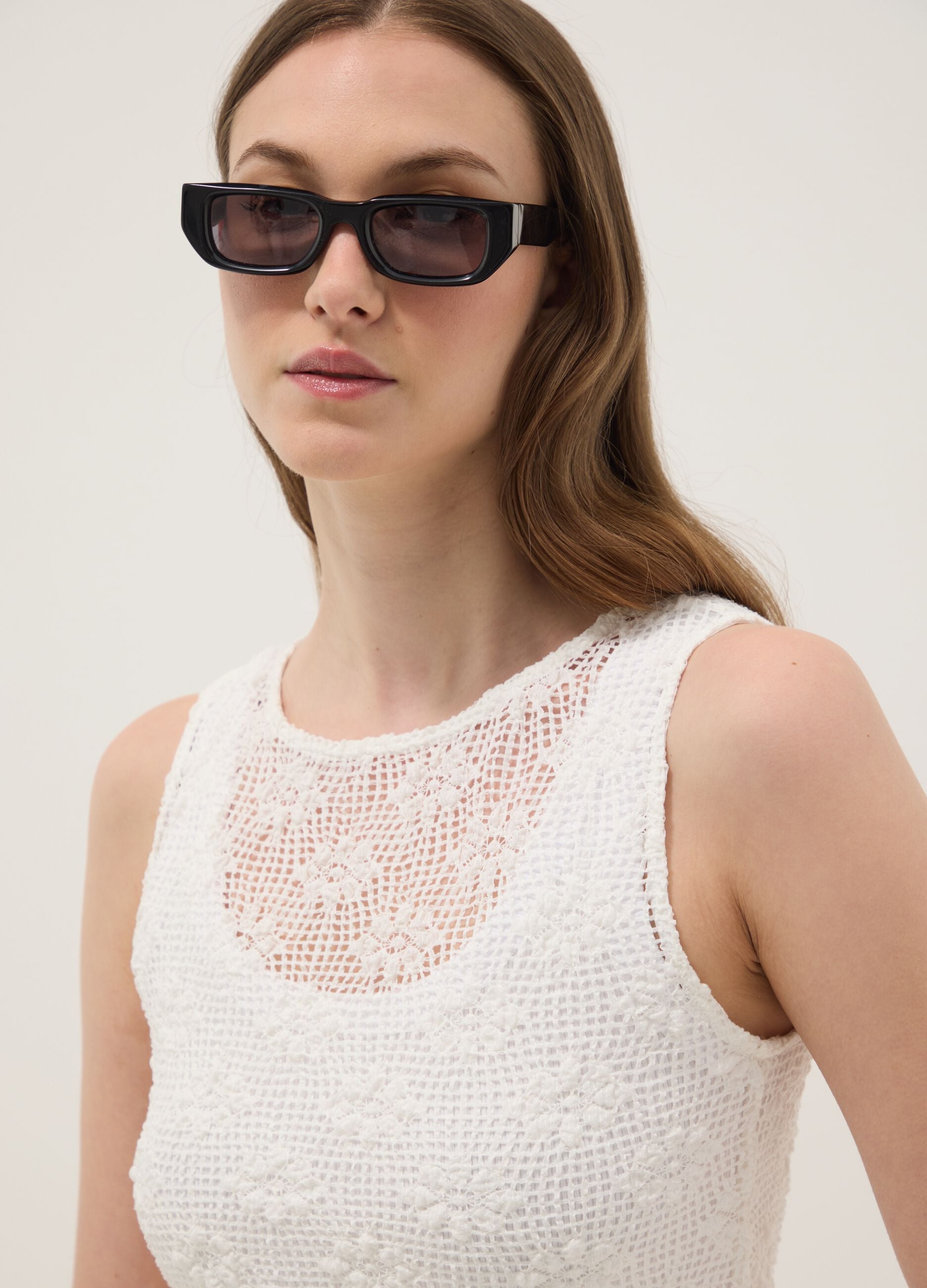 White stretch crochet-knit tank top