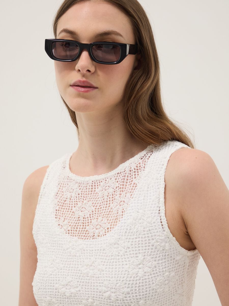 White stretch crochet-knit tank top_0