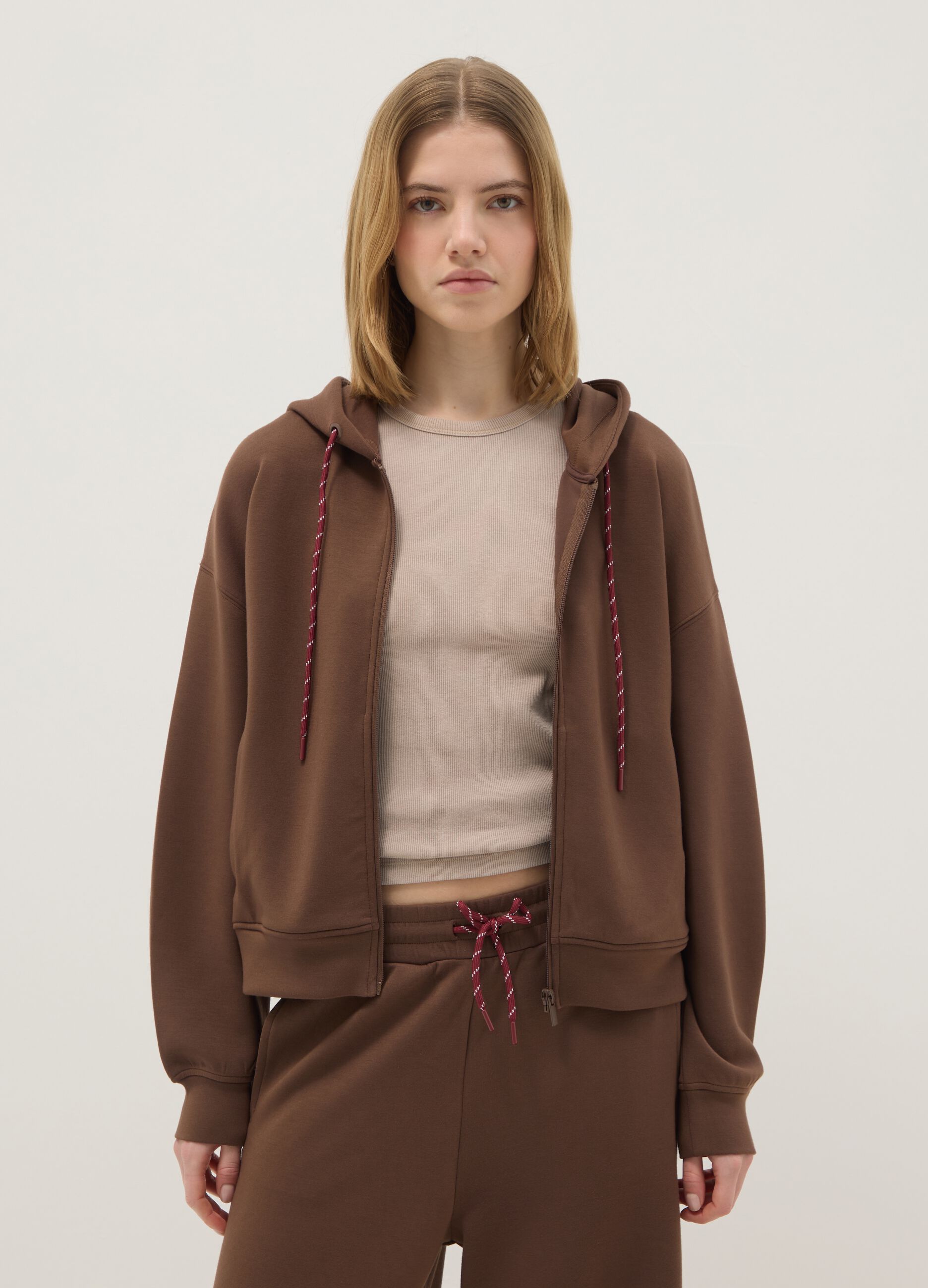Brown modal blend regular fit hoodie with full zip