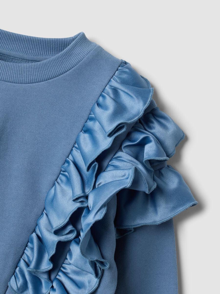 Blue pure cotton sweatshirt with ruffles and crew neck_3