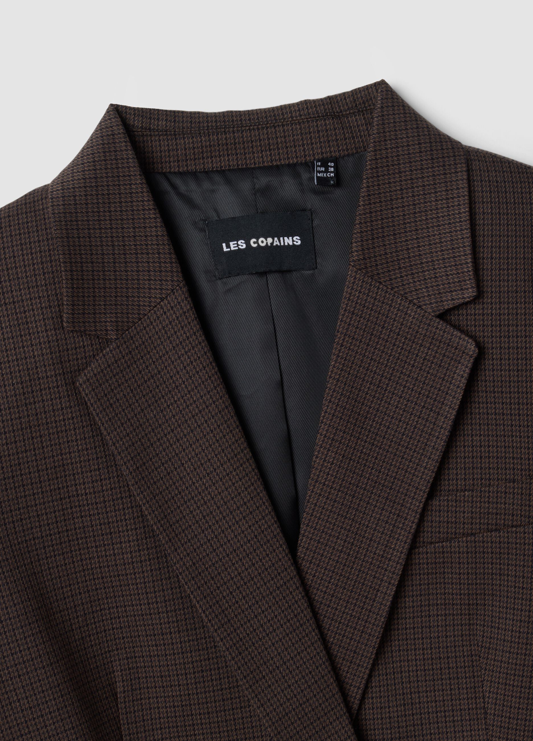 Blazer marron regular en viscose stretch &agrave; micro-carreaux