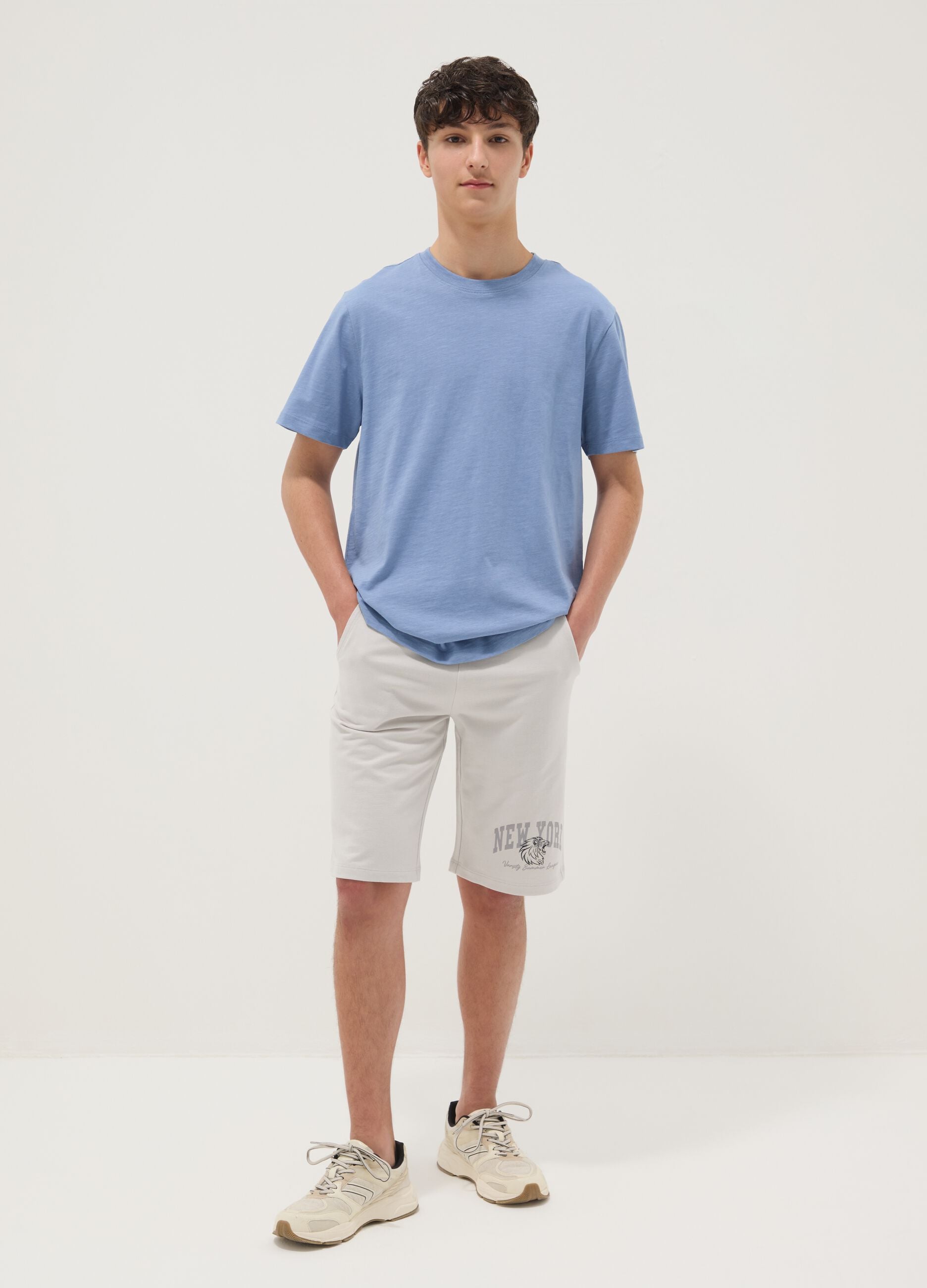 Boys' Grey Pure Cotton Shorts Regular Fit with New York Print