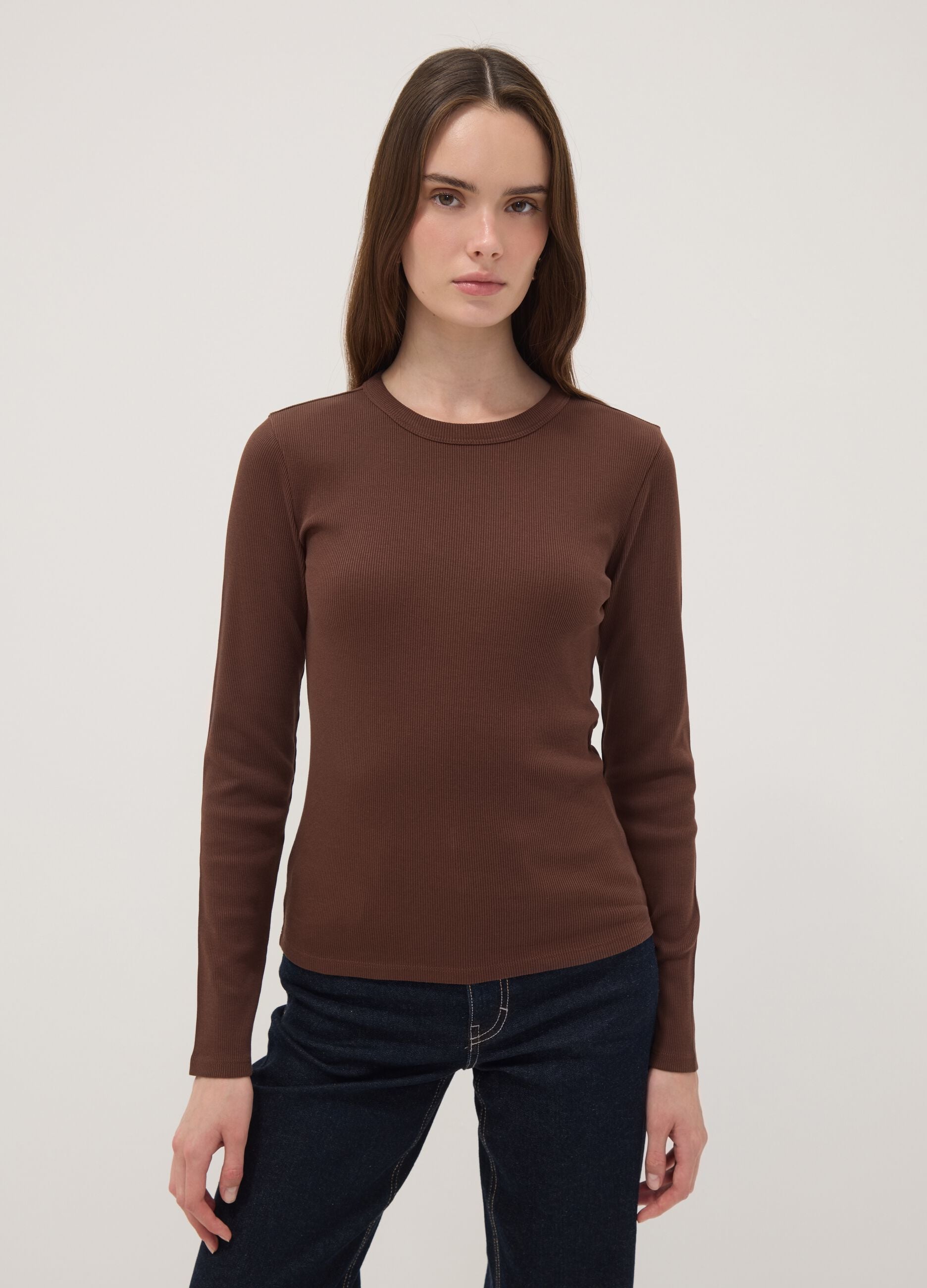 Brown long-sleeve pure cotton T-shirt