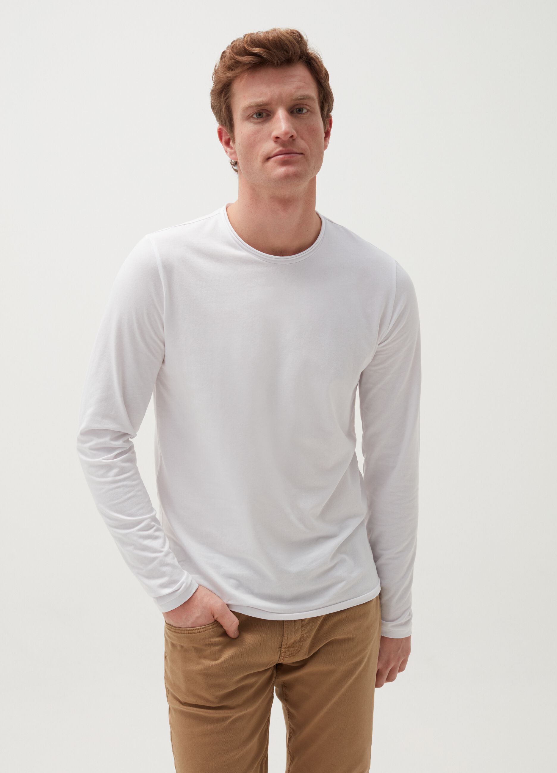 Stretch cotton T-shirt with long sleeves
