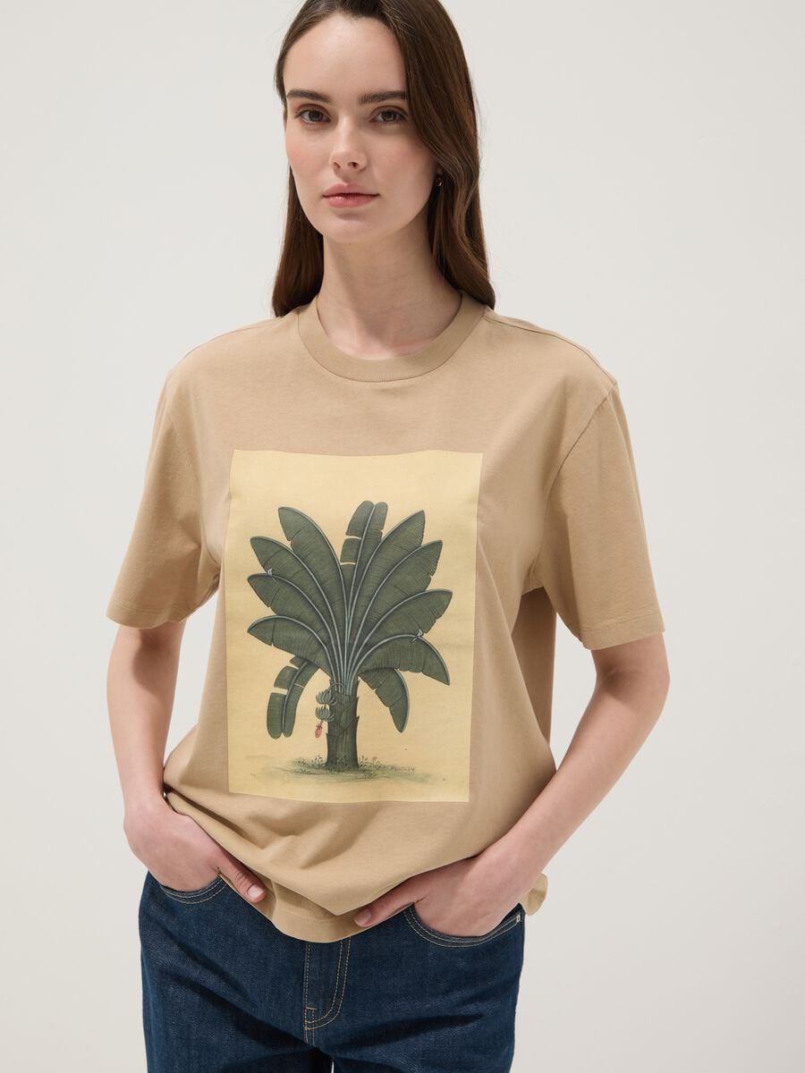 Beige pure cotton T-shirt with front print_0