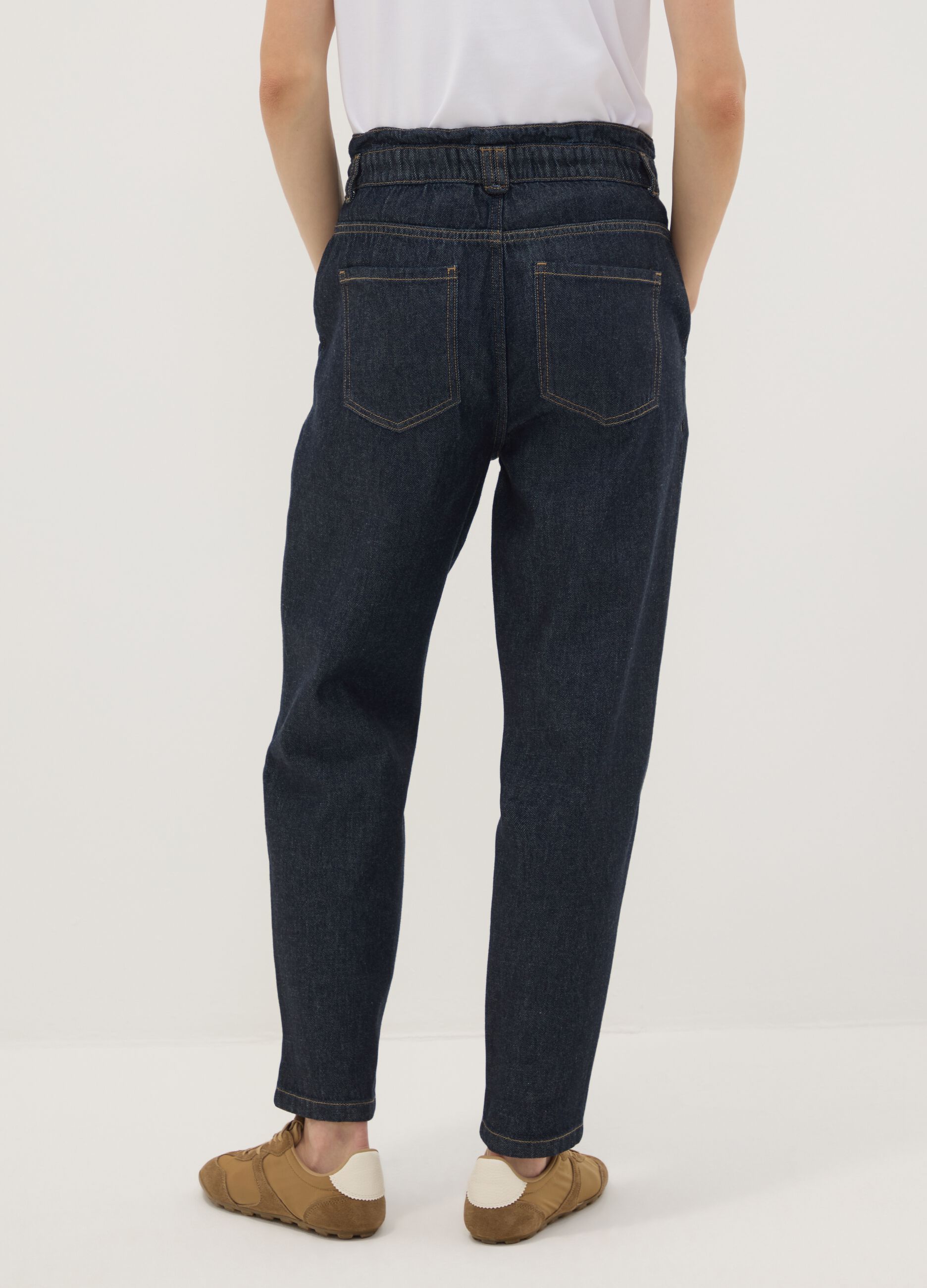 Blue denim baggy-fit pure cotton jeans with paper-bag waist
