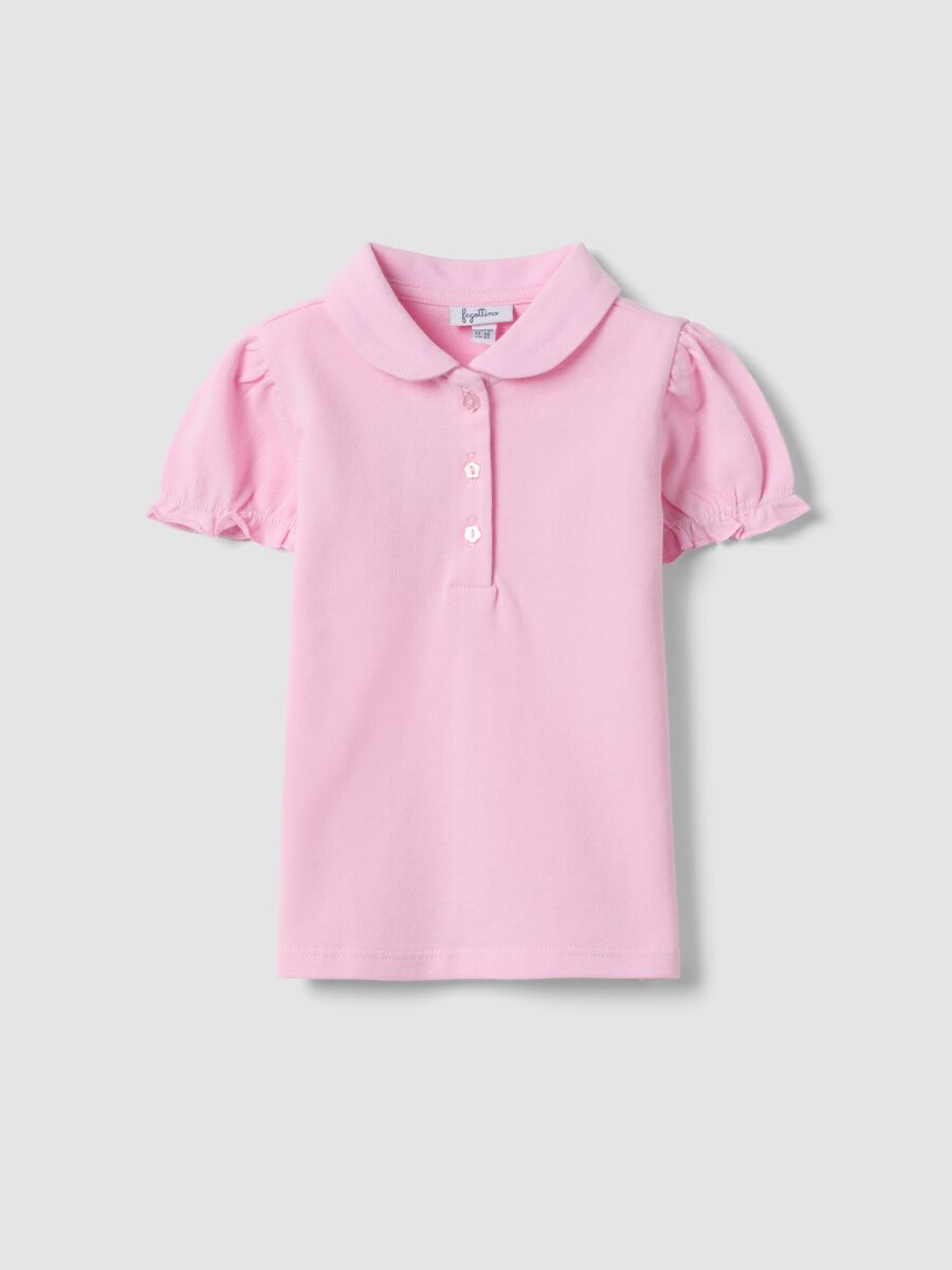 Girls' pink pure cotton polo with regular fit and ruched sleeves_0