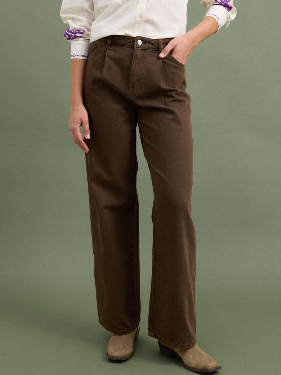 Braune High-Waist-Jeans mit weitem Bein aus reiner Baumwolle_1